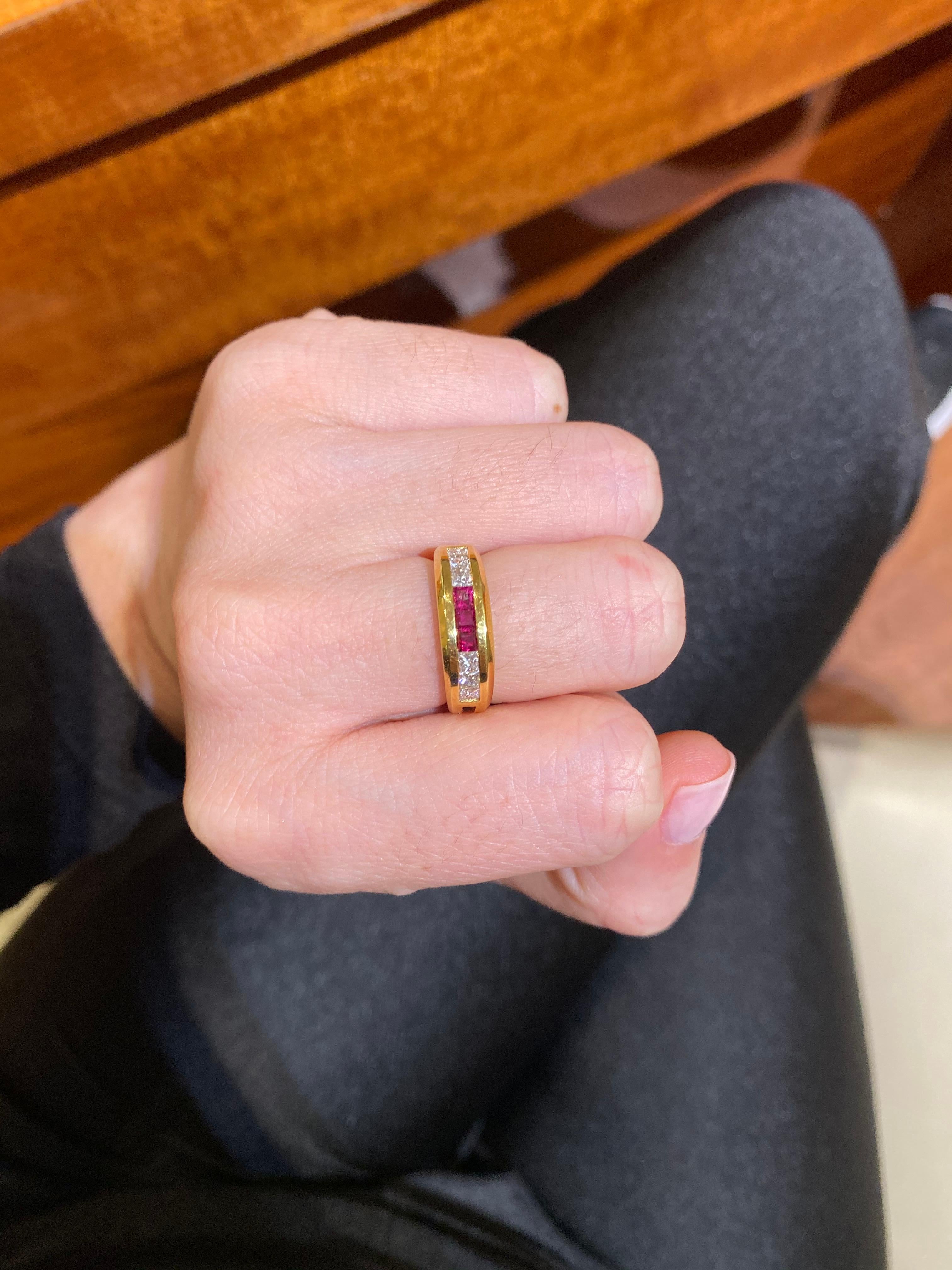 Hammerman Jewels 18k Yellow Gold Princess Cut Ruby and Diamond Ring. 0.48 carats of diamonds, 0.39 carats of rubies. Size 5.5.