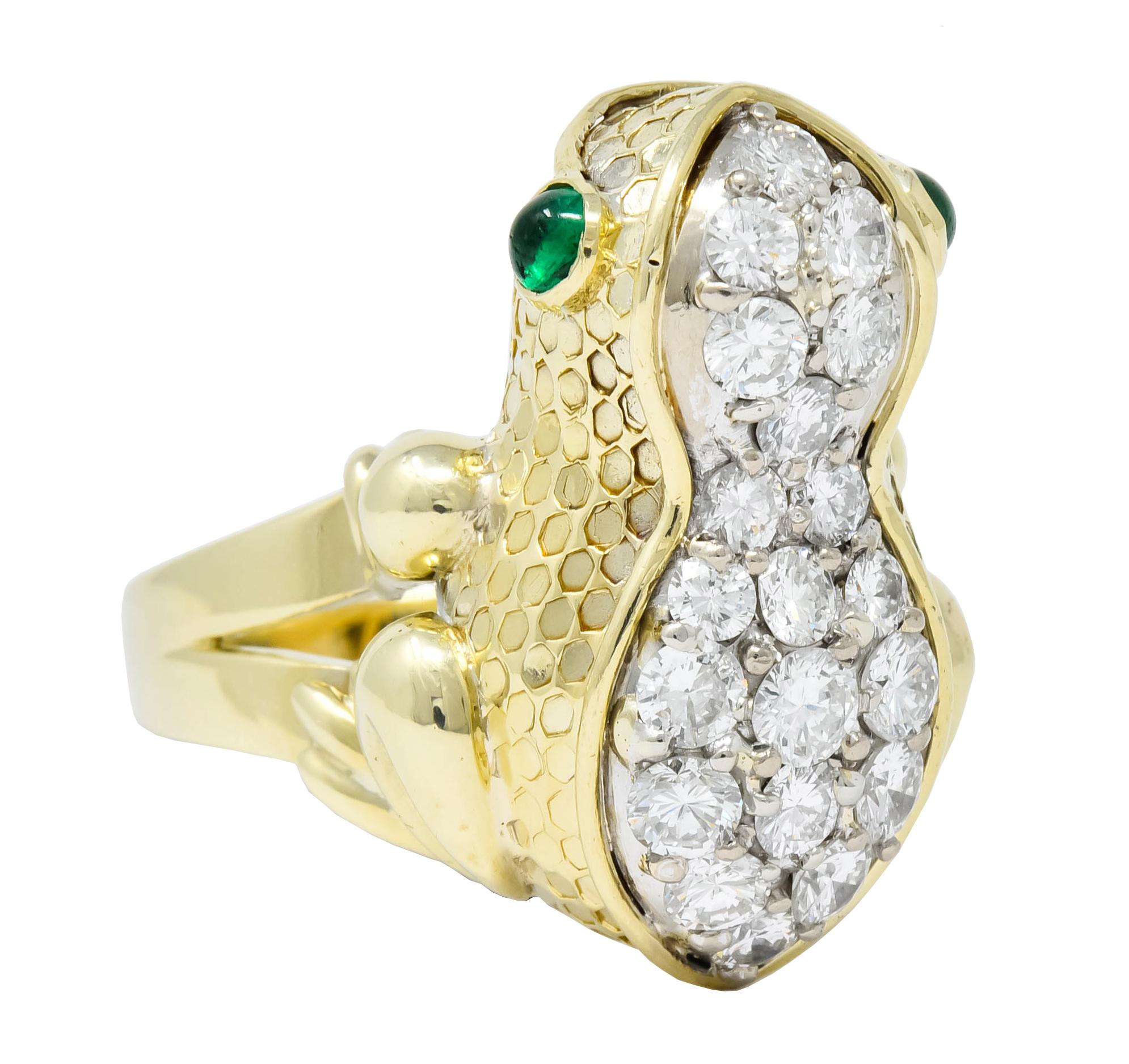 Round Cut Hammerman Brothers Retro 2.75 Carat Diamond Emerald 14 Karat Gold Frog Ring