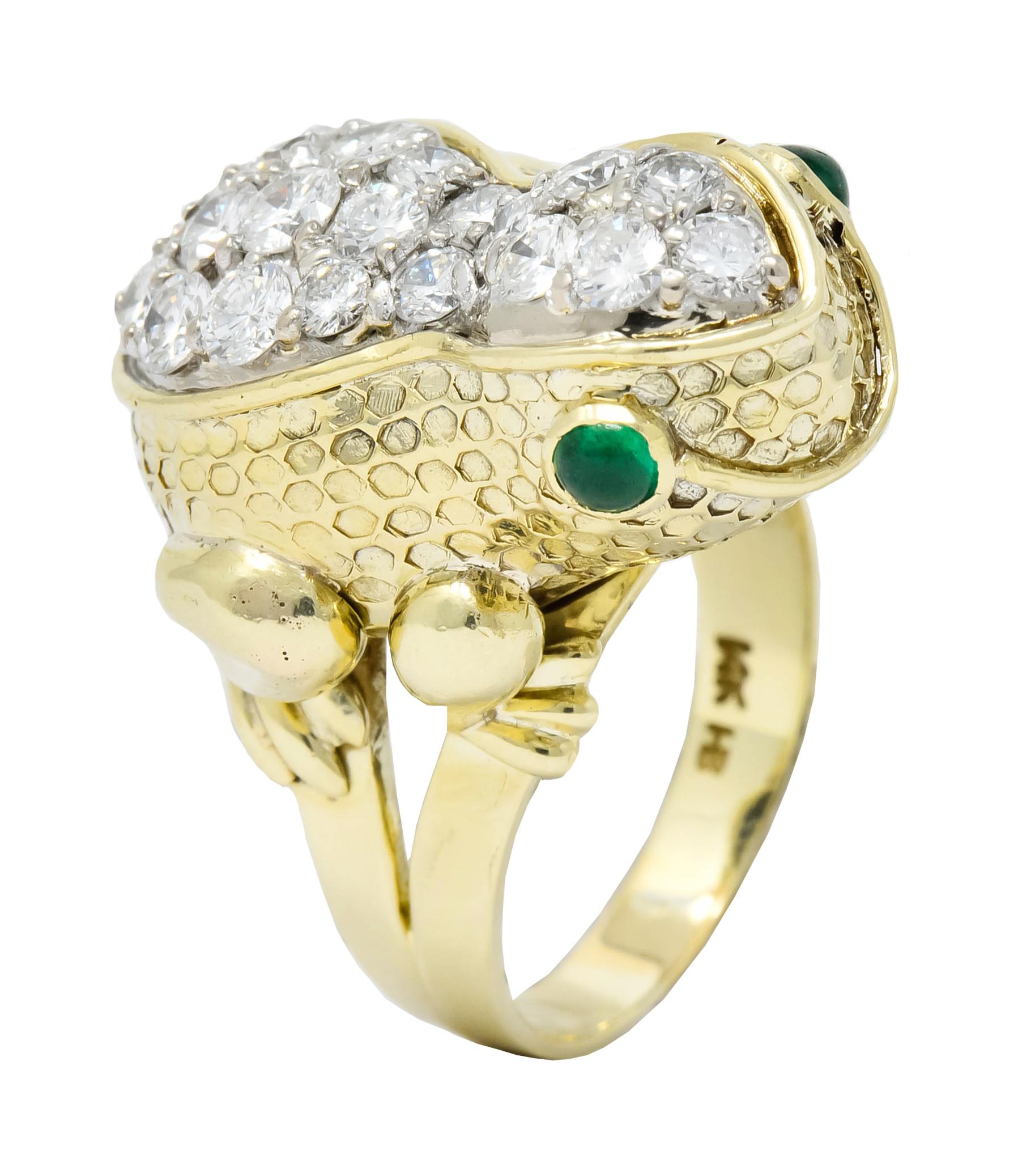 Hammerman Brothers Retro 2.75 Carat Diamond Emerald 14 Karat Gold Frog Ring 2