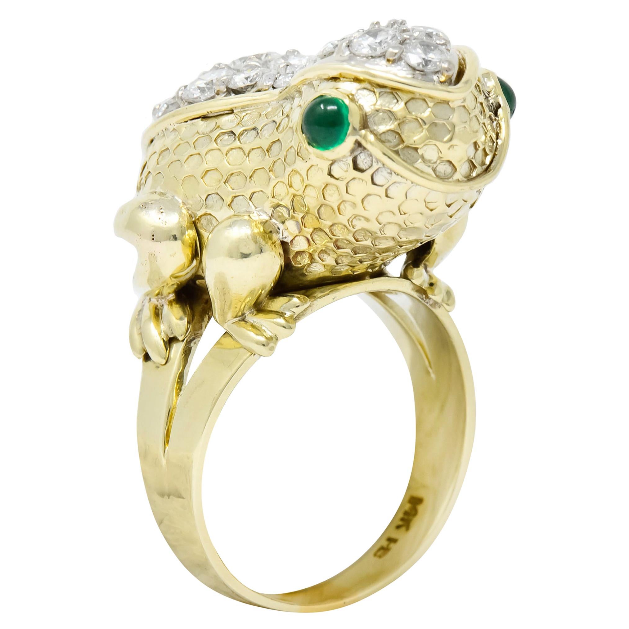 Hammerman Brothers Retro 2.75 Carat Diamond Emerald 14 Karat Gold Frog Ring