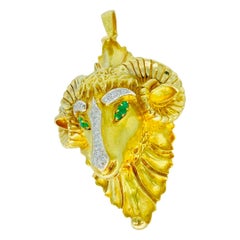 Hammerman Brothers Strong Ram Brooch/Pendant with Diamonds and Emeralds 18k Gold