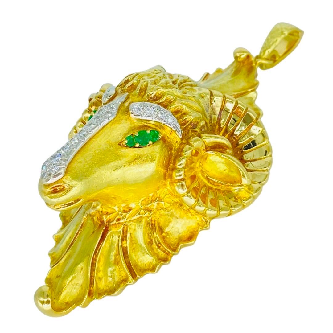 Round Cut Hammerman Brothers Strong Ram Brooch/Pendant with Diamonds and Emeralds 18k Gold For Sale