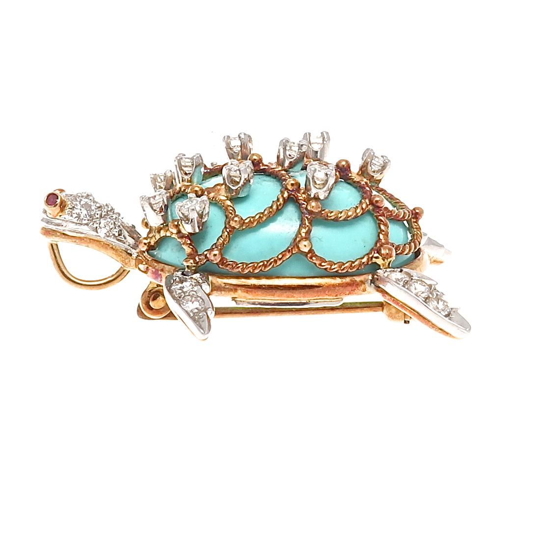 Hammerman Brothers Turquoise Diamond Gold Brooch In Excellent Condition In Beverly Hills, CA