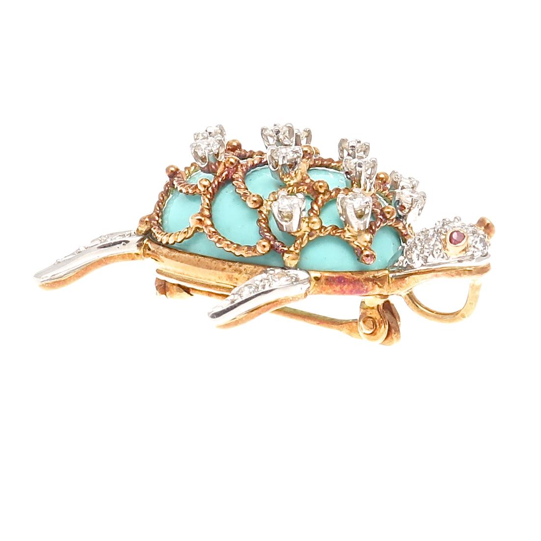Women's or Men's Hammerman Brothers Turquoise Diamond Gold Brooch
