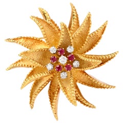 Hammerman Brothers Vintage Diamond Ruby Floral 18 Karat Gold Brooch Pin