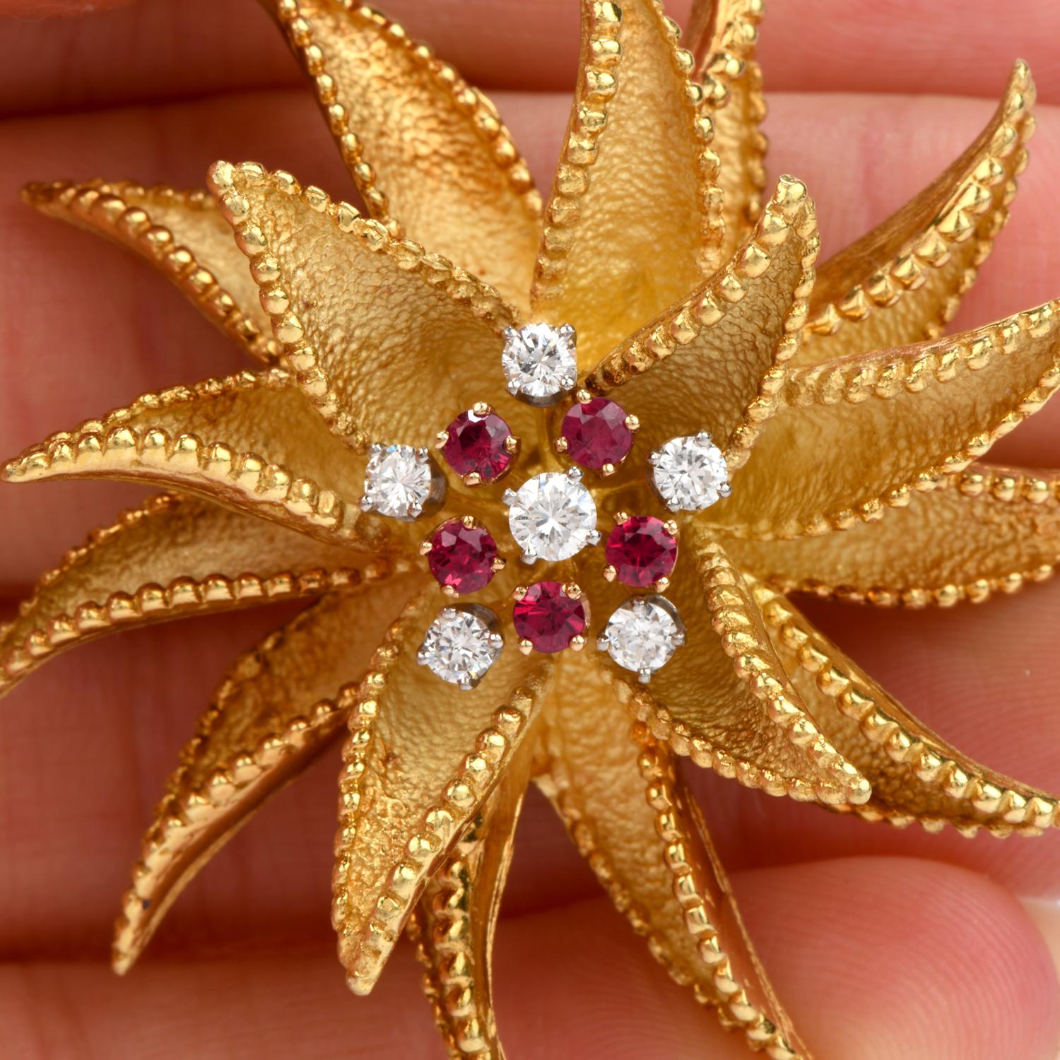 Women's or Men's Hammerman Brothers Vintage Diamond Ruby Floral 18 Karat Gold Brooch Pin For Sale