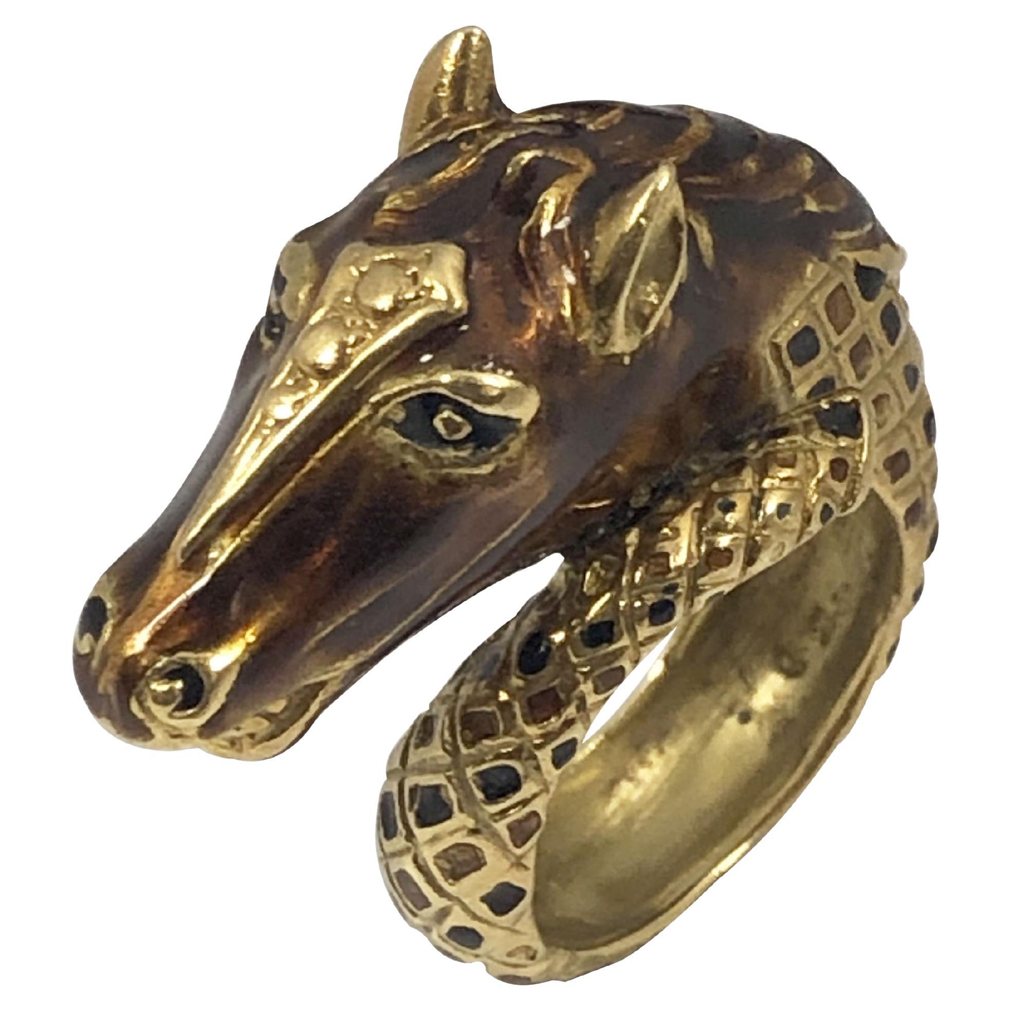 Hammerman Brothers Vintage Yellow Gold and Enamel Horse Ring