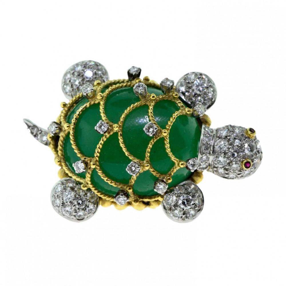 Women's or Men's Hammerman Chrysoprase and Diamond Turtle Brooch with Ruby Eyes