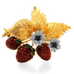 Hammerman Diamond Emerald 18K Gold Strawberries Enameled Brooch Pin