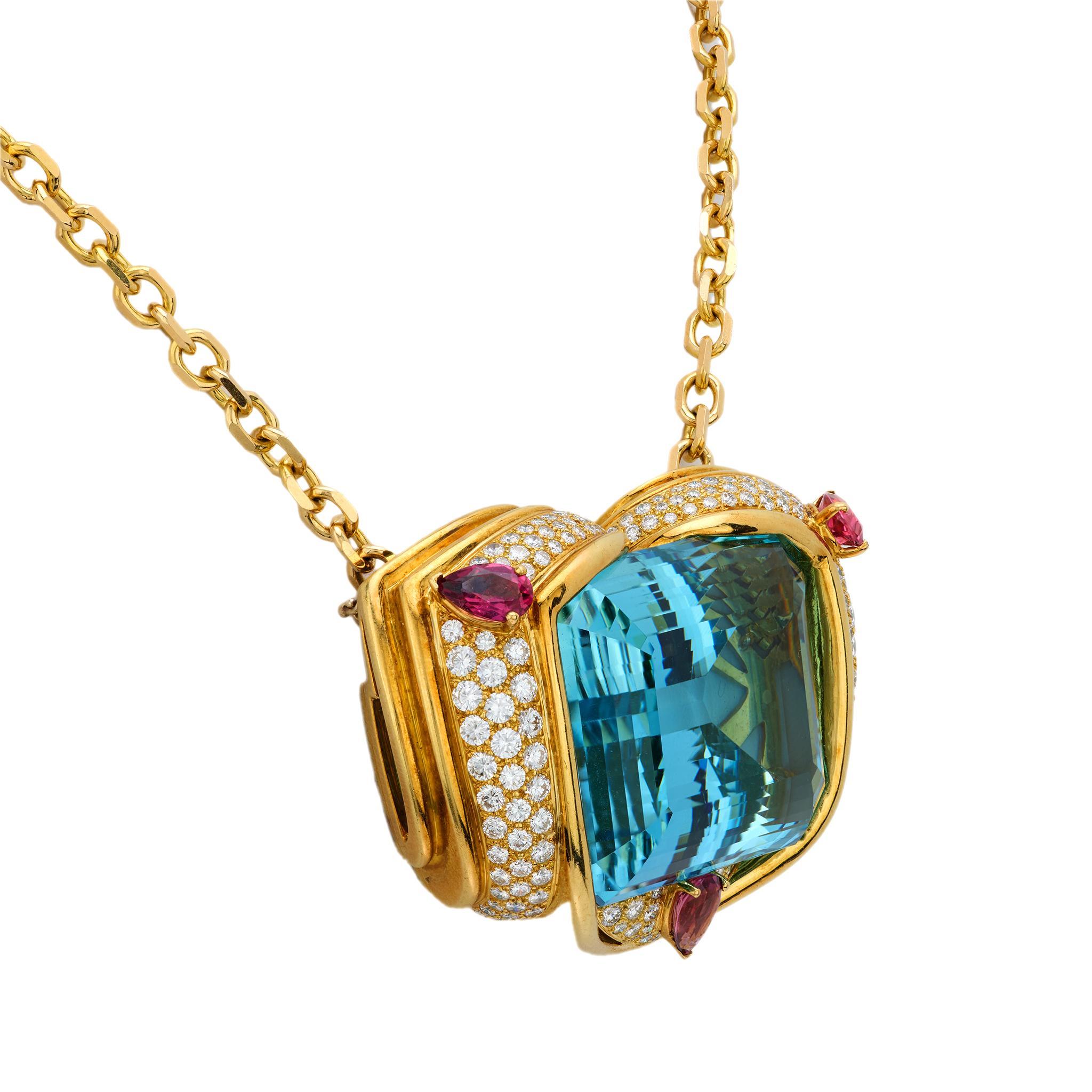 Modern Hammerman GIA 135.69 carat Santa Maria aquamarine diamond 18k gold necklace For Sale