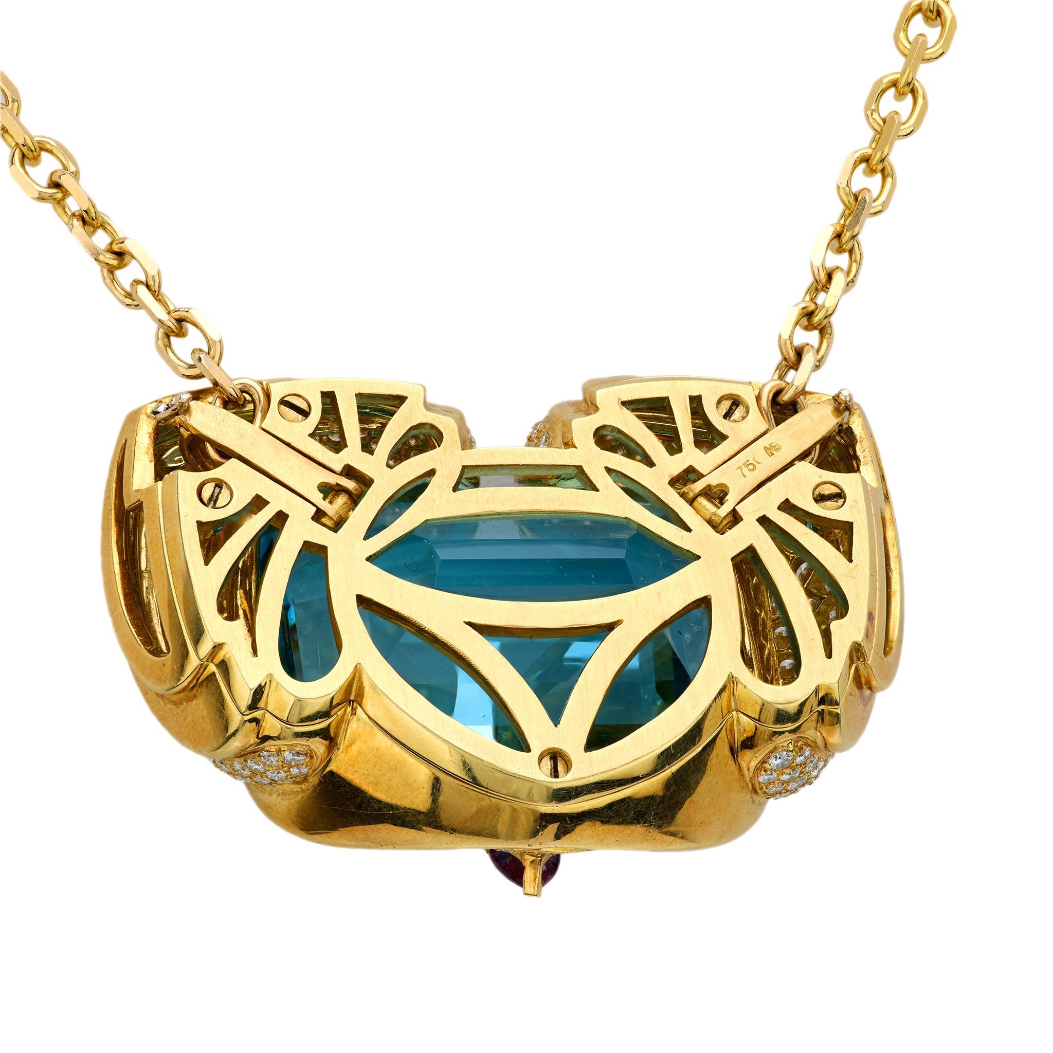 Pear Cut Hammerman GIA 135.69 carat Santa Maria aquamarine diamond 18k gold necklace For Sale