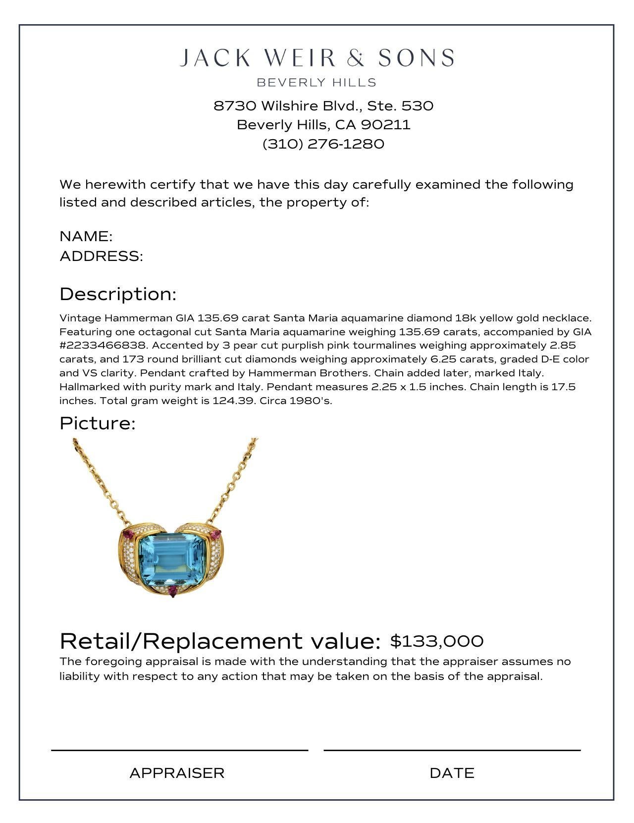Women's Hammerman GIA 135.69 carat Santa Maria aquamarine diamond 18k gold necklace For Sale