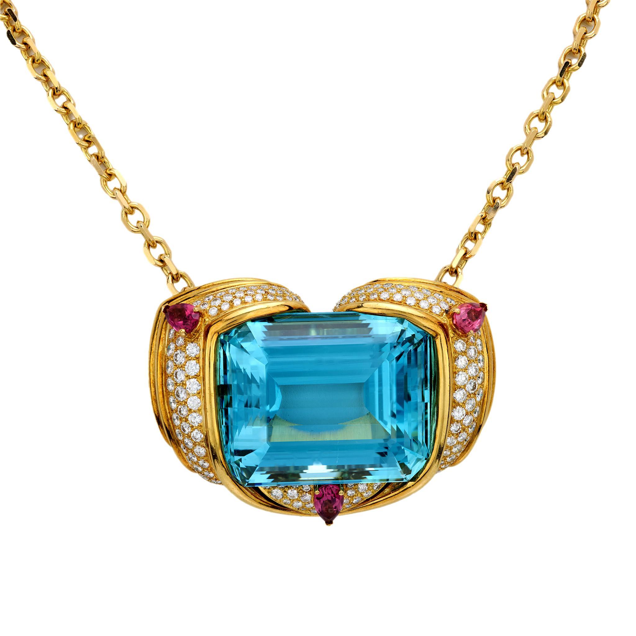 Hammerman GIA 135.69 carat Santa Maria aquamarine diamond 18k gold necklace