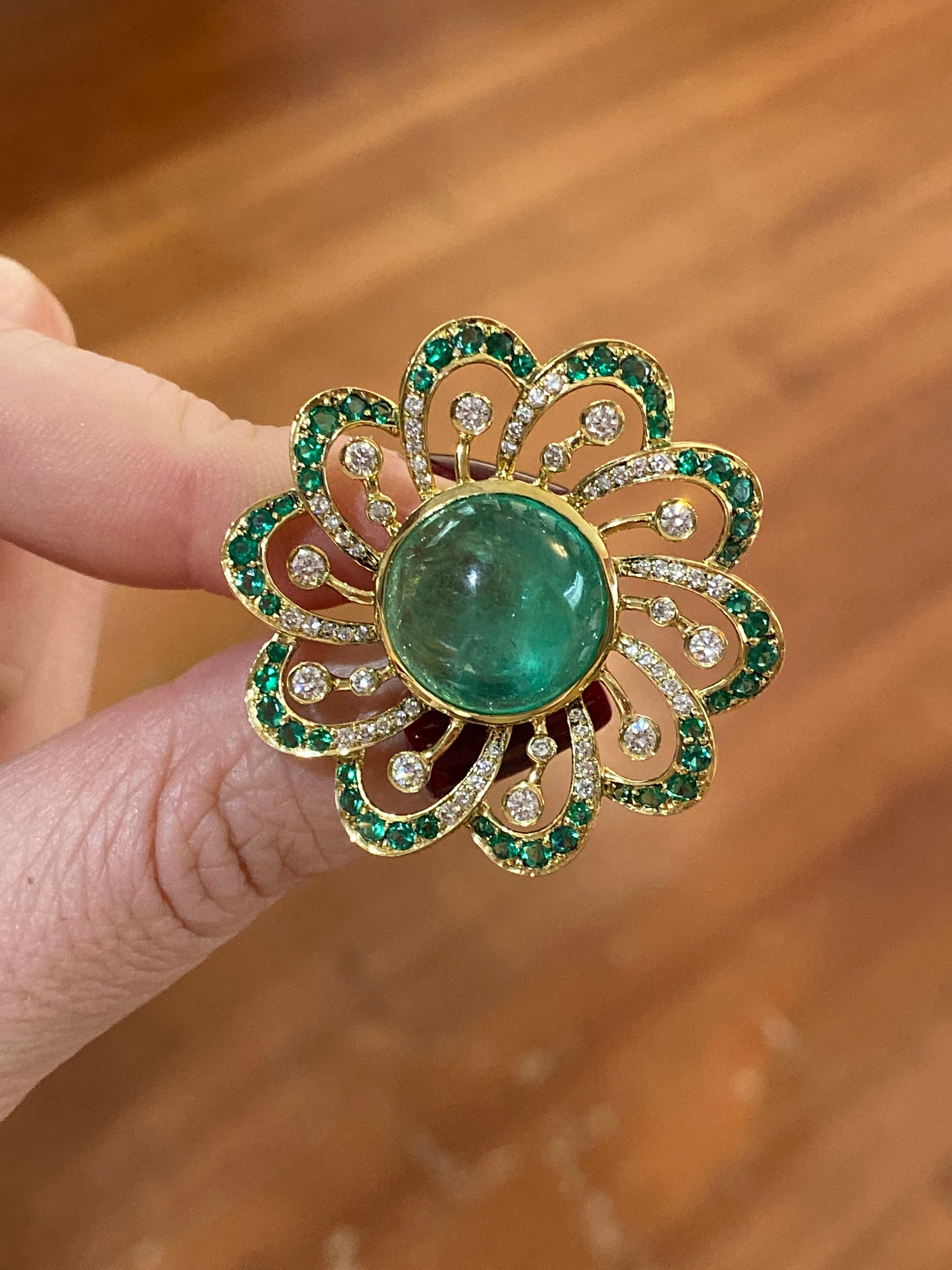 Cabochon Emerald Flower Earrings In New Condition For Sale In New York, NY