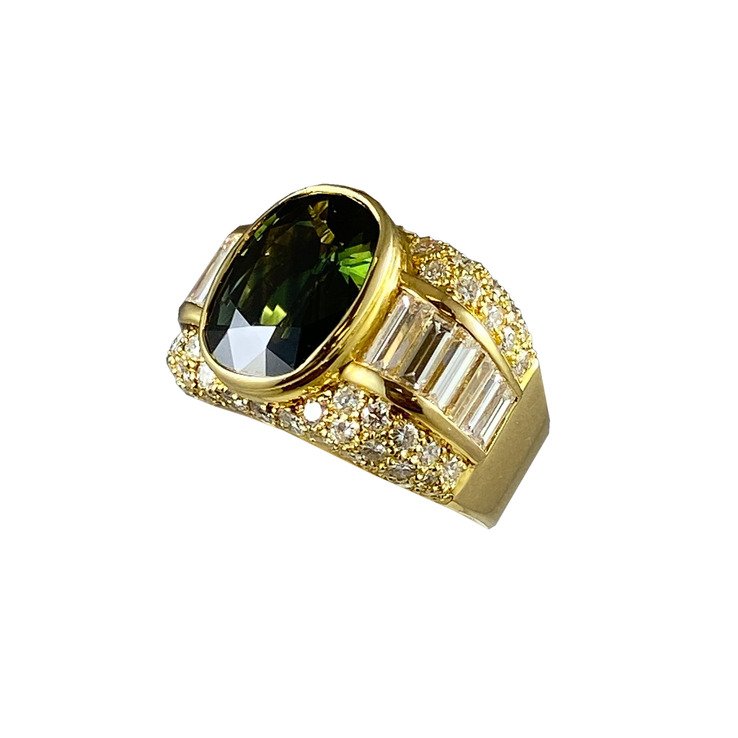 Hammerman Jewels 18 karat yellow gold cocktail ring with green sapphire and diamonds. 1.94 carats of diamonds, 6.36 carats of green sapphire. Size 5 3/4.