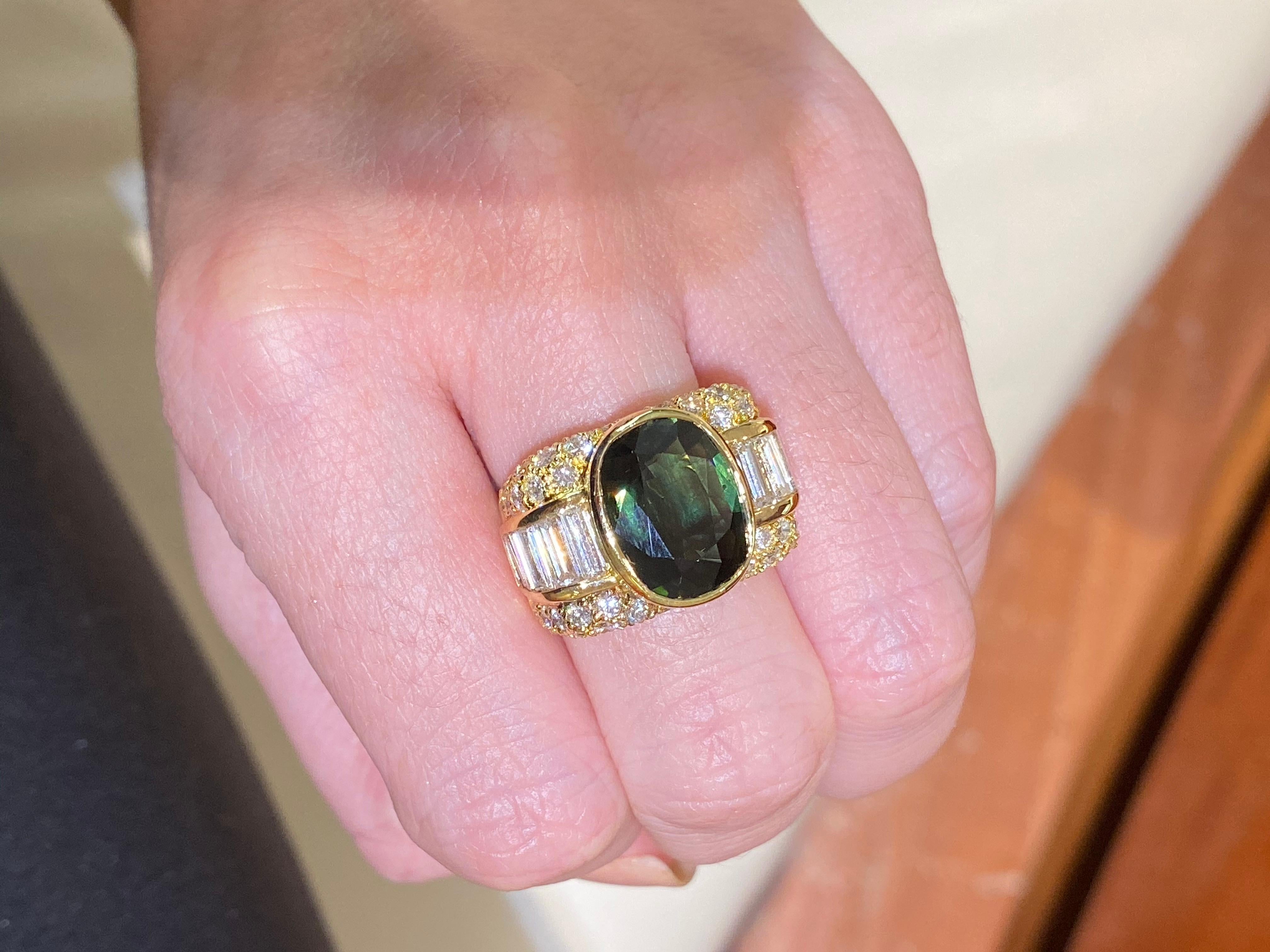 Oval Cut Hammerman Brothers Green Sapphire and Diamond Cocktail Ring For Sale