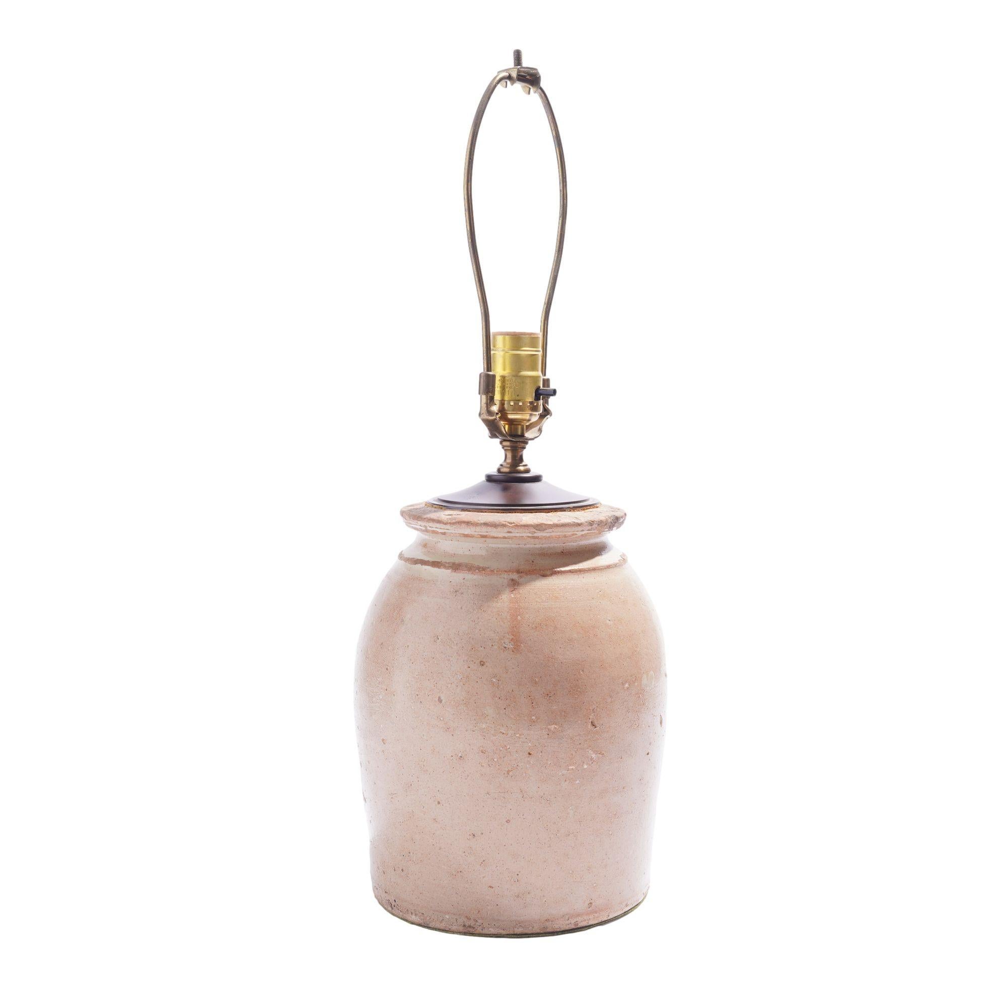 American Hammett Pottery earthenware crock wired for use as a lamp, c. 1842-79