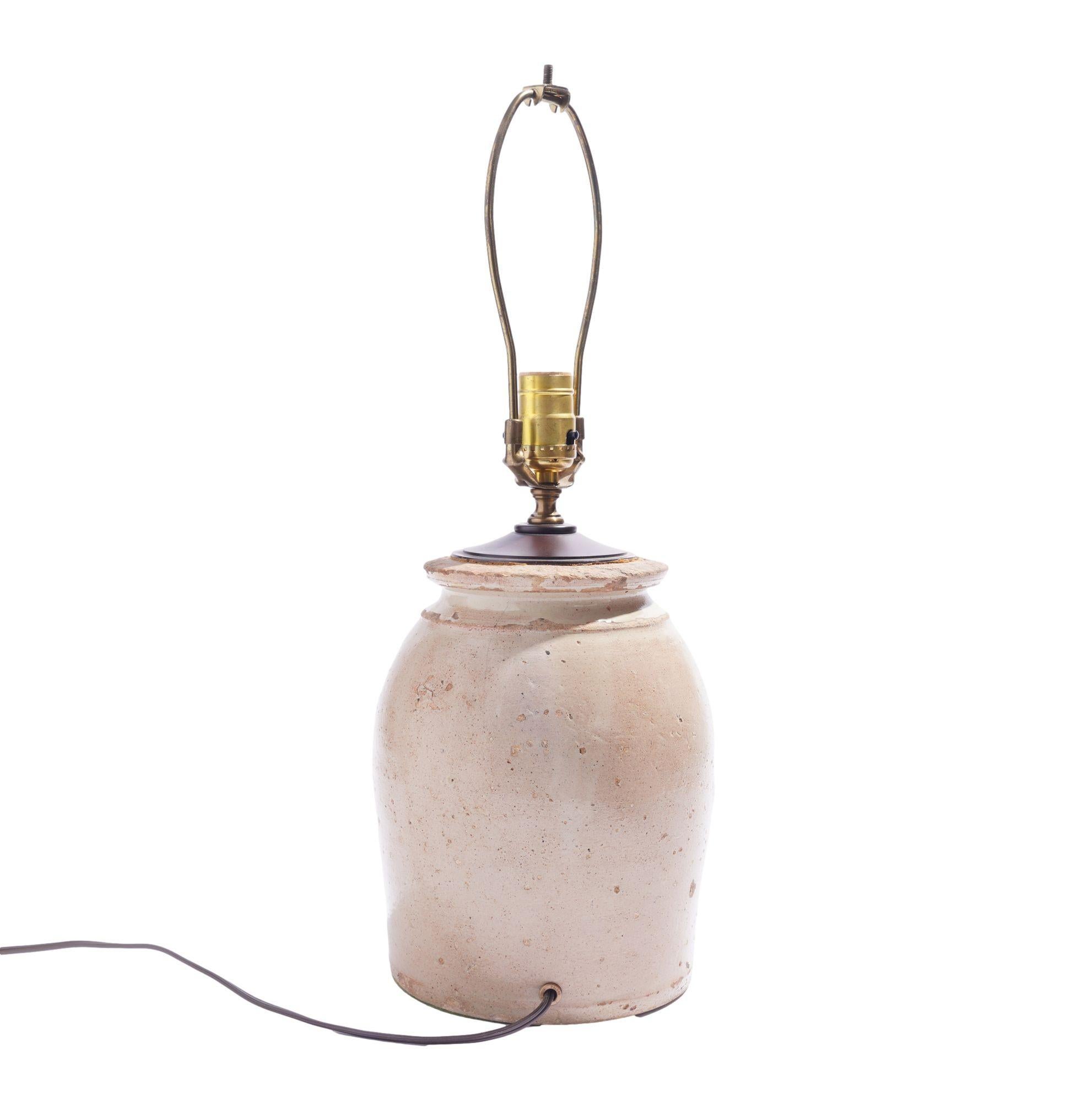 Hammett Pottery earthenware crock wired for use as a lamp, c. 1842-79 In Good Condition In Kenilworth, IL