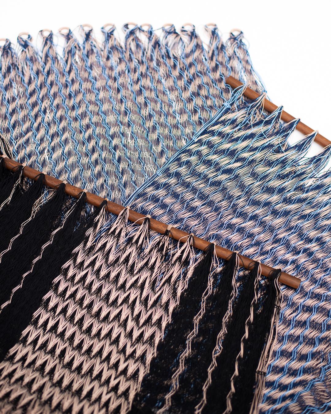 Handcrafted Solid Wood Hammock Chair with Blue & Pale Pink Woven Detailing For Sale 2