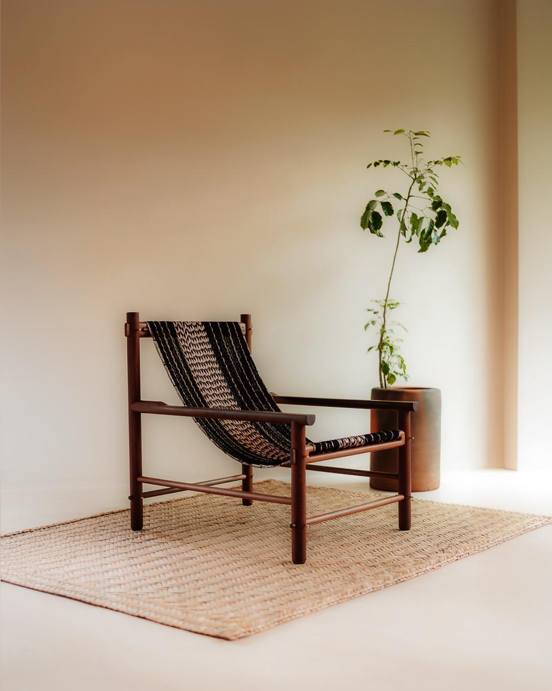 Handcrafted Solid Wood Hammock Chair with Blue & Pale Pink Woven Detailing For Sale 3