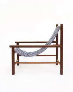 Handcrafted Solid Wood Hammock Chair with Blue & Pale Pink Woven Detailing