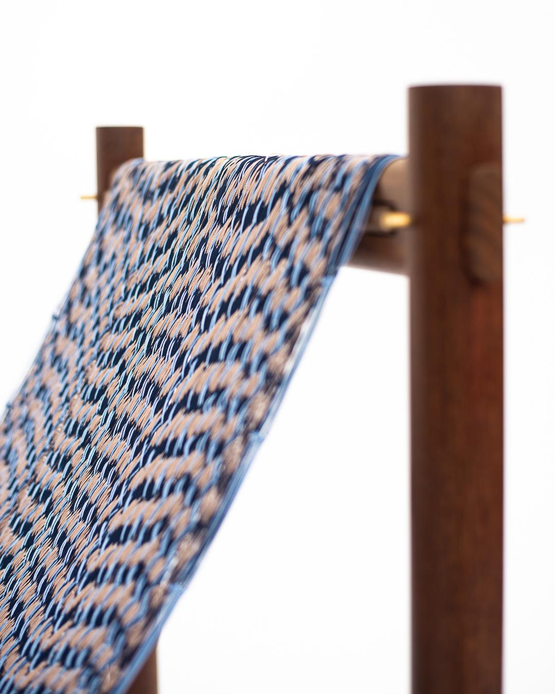 Modern Handcrafted Solid Wood Hammock Chair with Blue & Pale Pink Woven Detailing For Sale