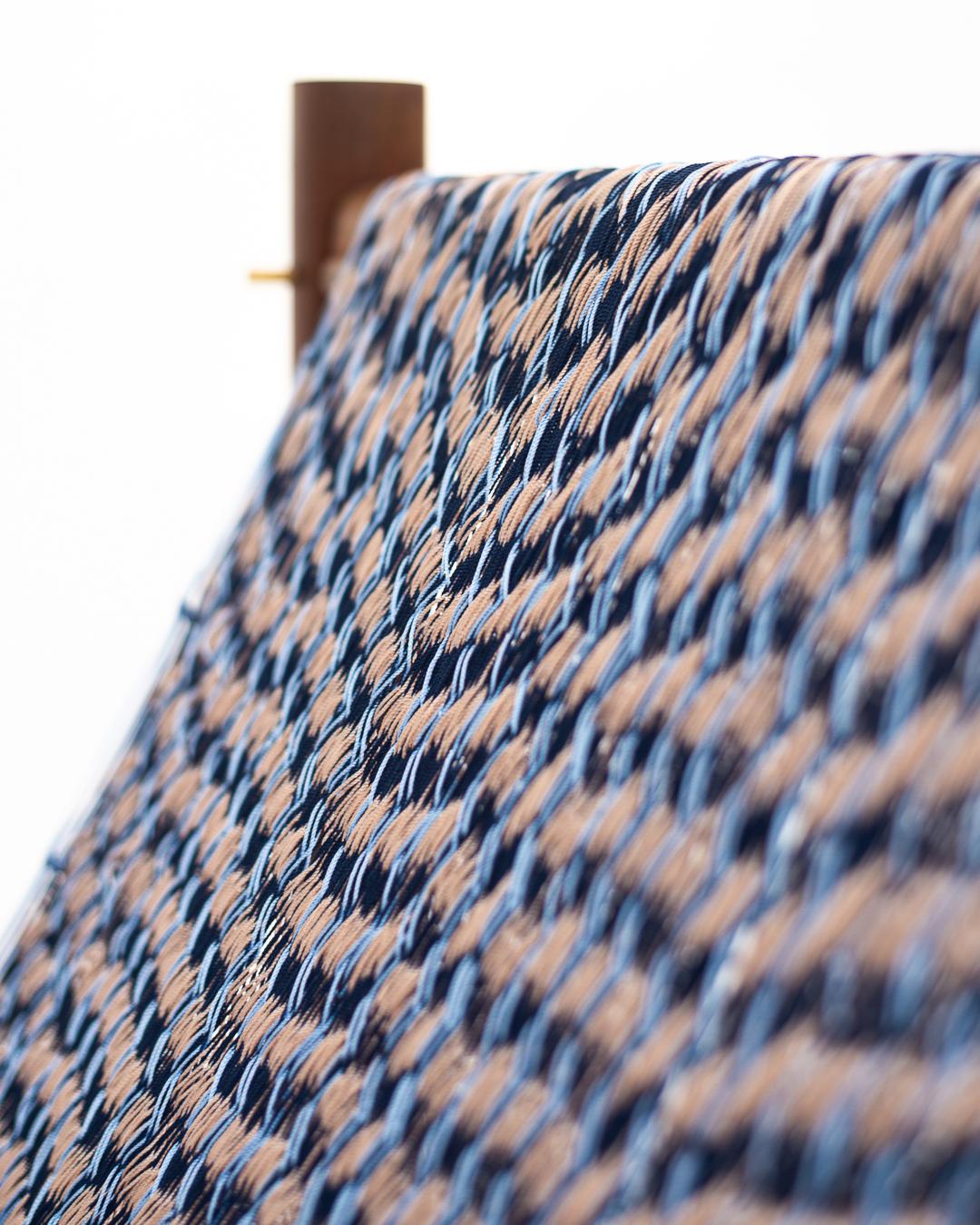 Mexican Handcrafted Solid Wood Hammock Chair with Blue & Pale Pink Woven Detailing For Sale