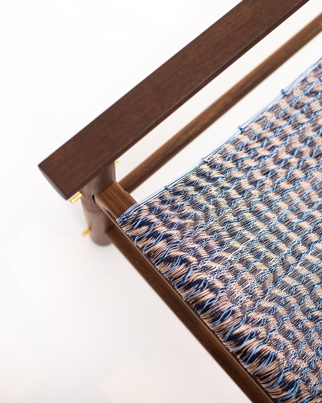 Turned Handcrafted Solid Wood Hammock Chair with Blue & Pale Pink Woven Detailing For Sale