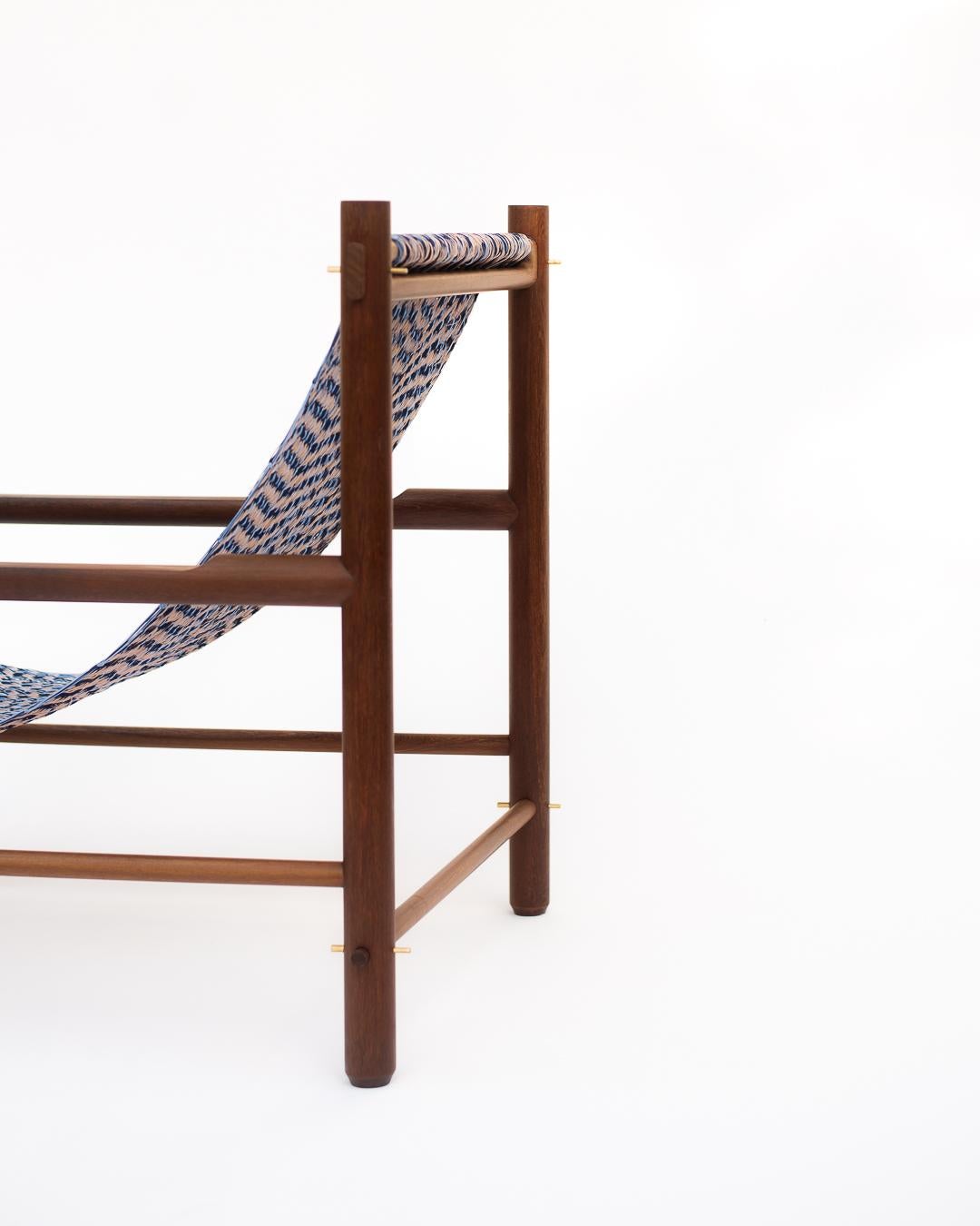 Contemporary Handcrafted Solid Wood Hammock Chair with Blue & Pale Pink Woven Detailing For Sale