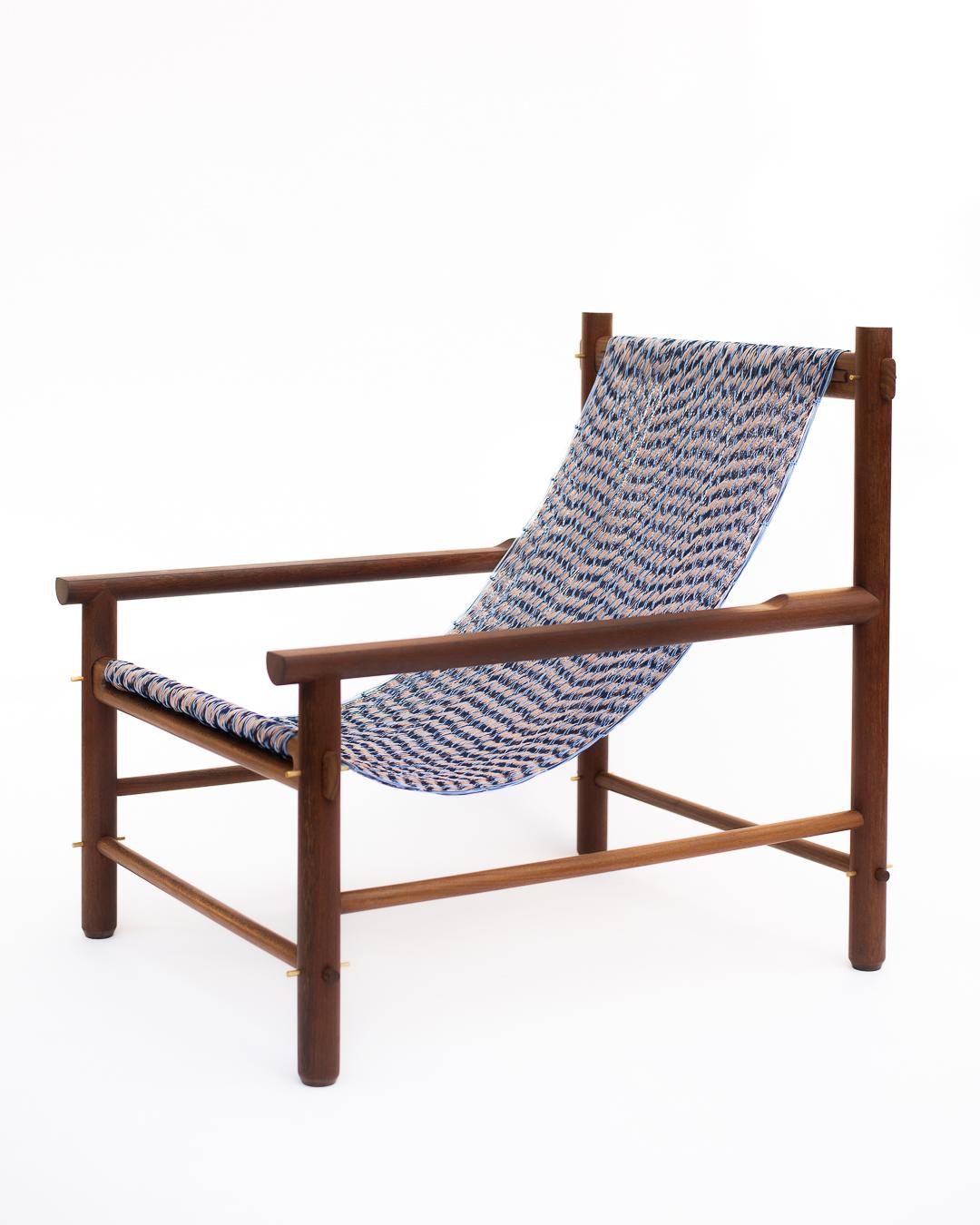 Hardwood Handcrafted Solid Wood Hammock Chair with Blue & Pale Pink Woven Detailing For Sale
