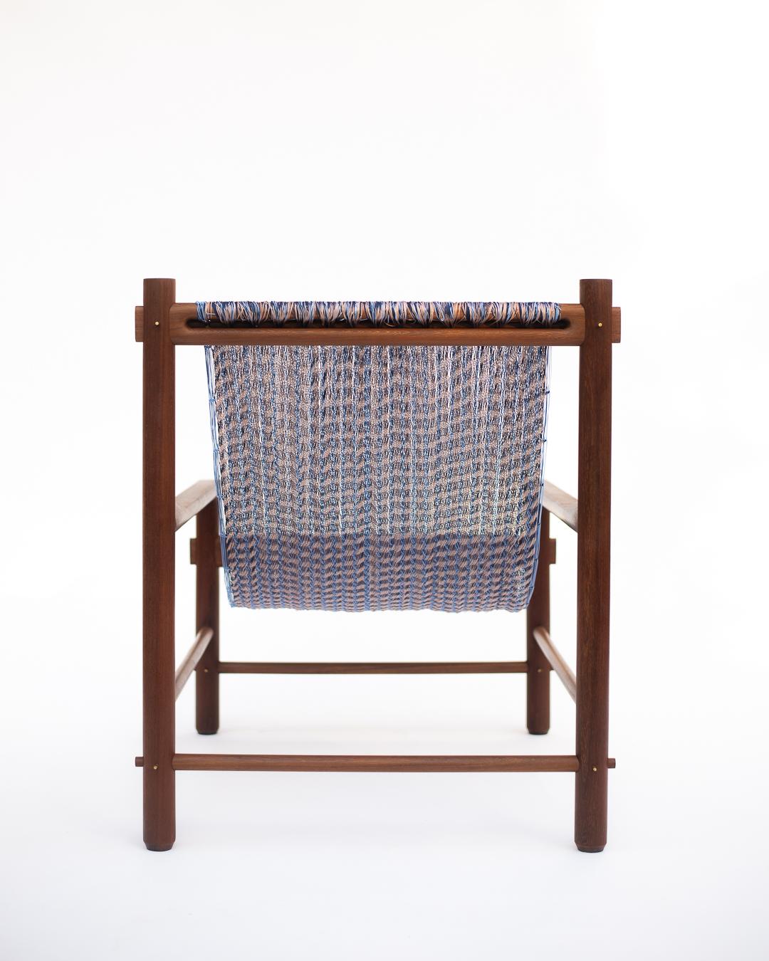 Handcrafted Solid Wood Hammock Chair with Blue & Pale Pink Woven Detailing For Sale 1