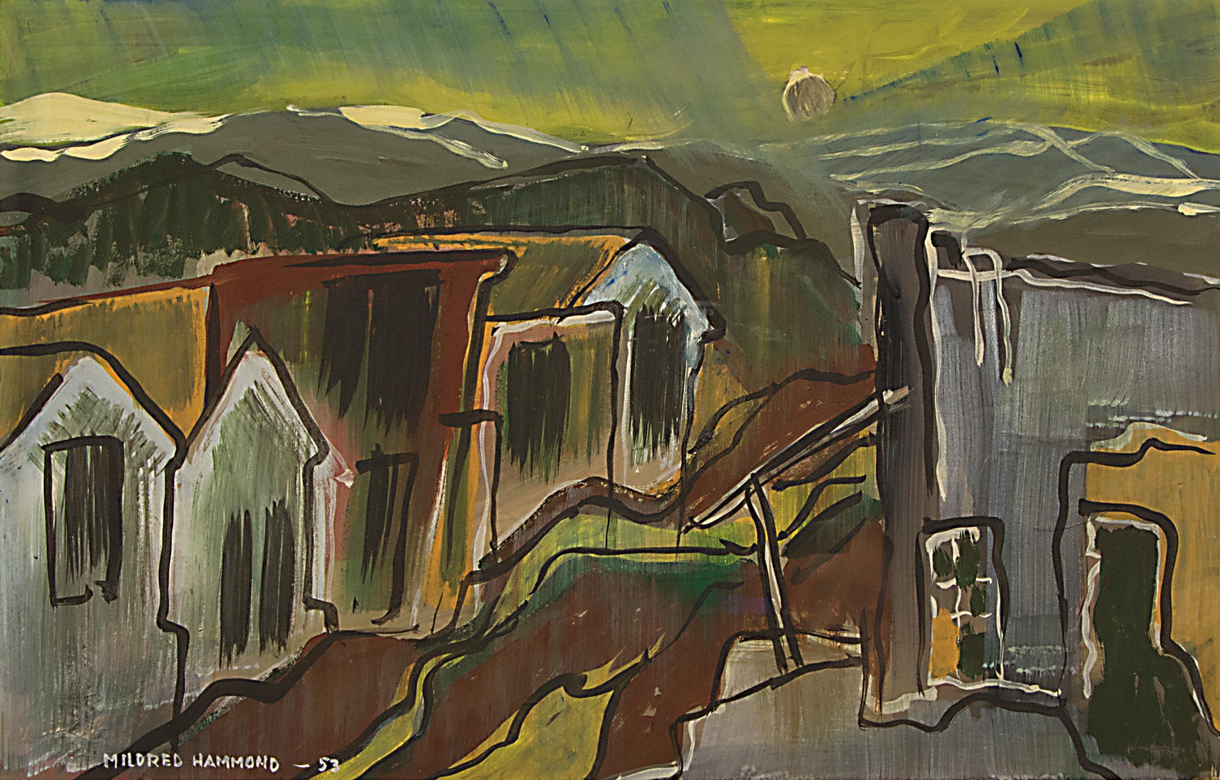 Cripple Creek, Colorado, década de 1950 Pintura americana moderna de paisaje, semiabstracta - Painting moderno estadounidense de Hammond, Mildred Welsh
