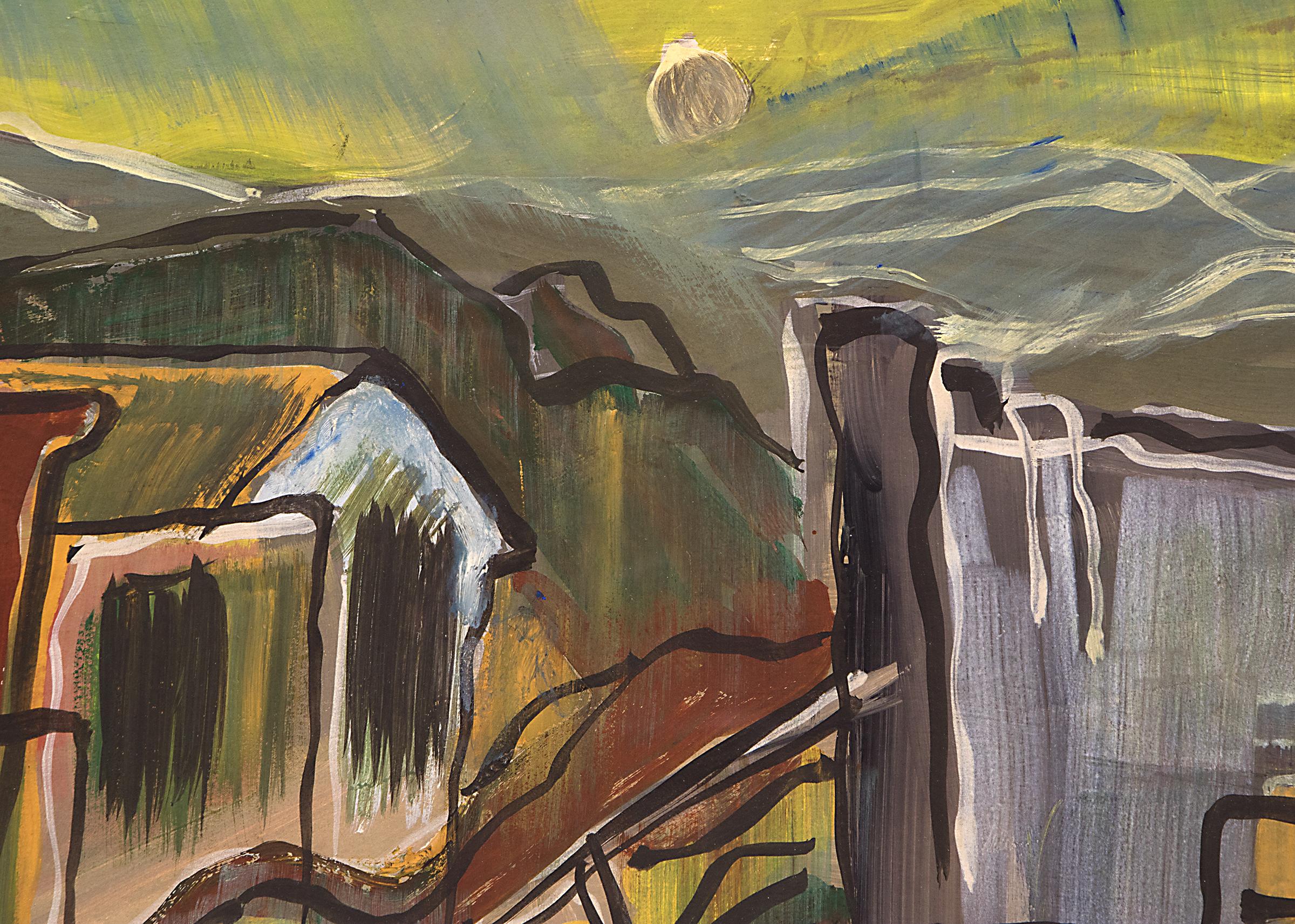Peinture à la gouache sur papier des années 1950 signée par l'artiste Mildred Welsh Hammond (1900-1980), représentant une vue moderniste de l'environnement.  Cripple Creek, Colorado avec le centre ville devant un paysage de montagne. Peint dans des