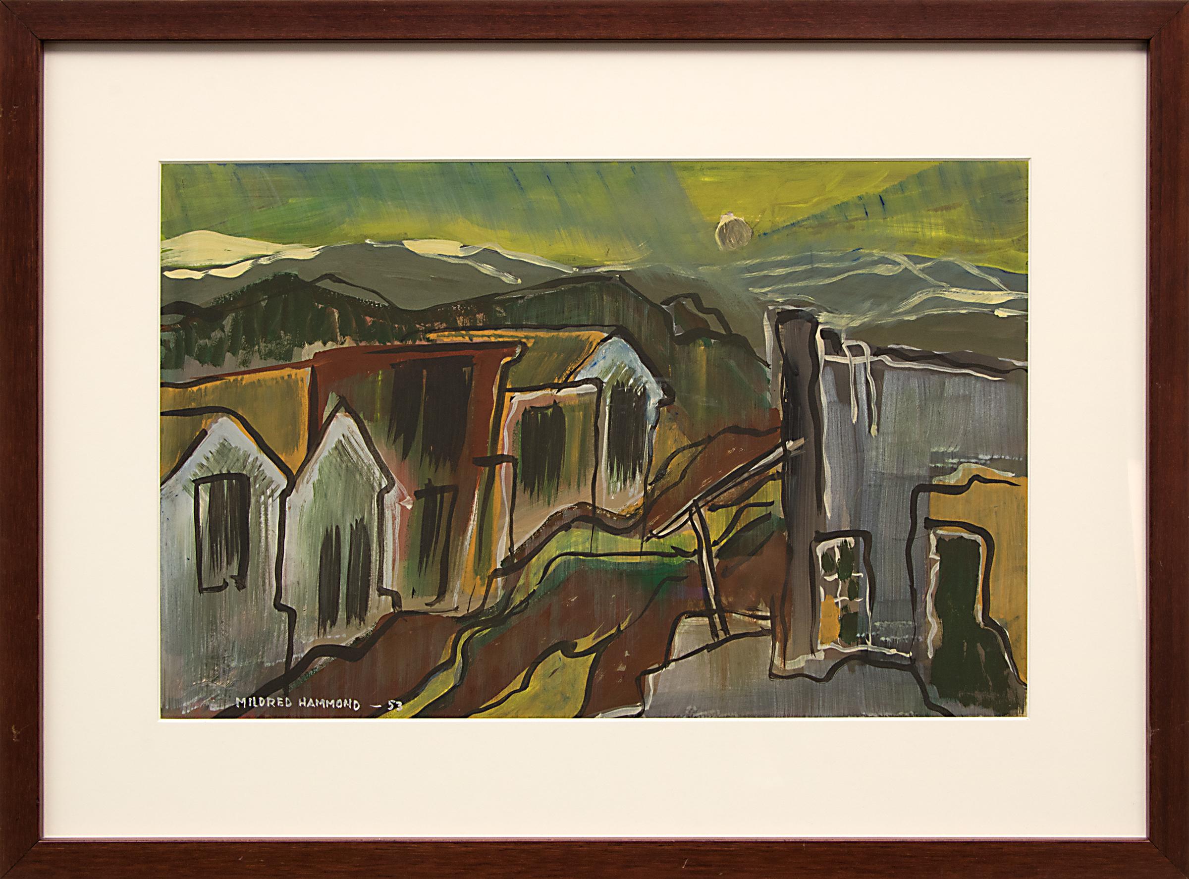 Peinture de paysage moderne amricaine de Cripple Creek, Colorado, annes 1950, marron vert - Painting de Hammond, Mildred Welsh