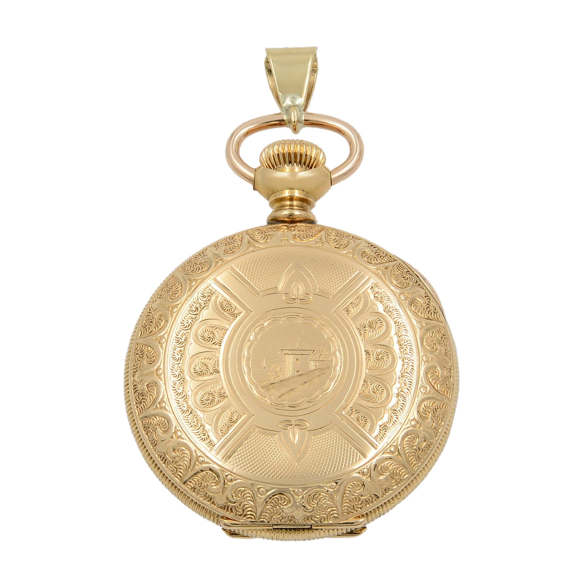 Hampden 10 Karat Gold Filled White Enamel Roman Dial Manual Wind Pocket Watch In Fair Condition In New York, NY