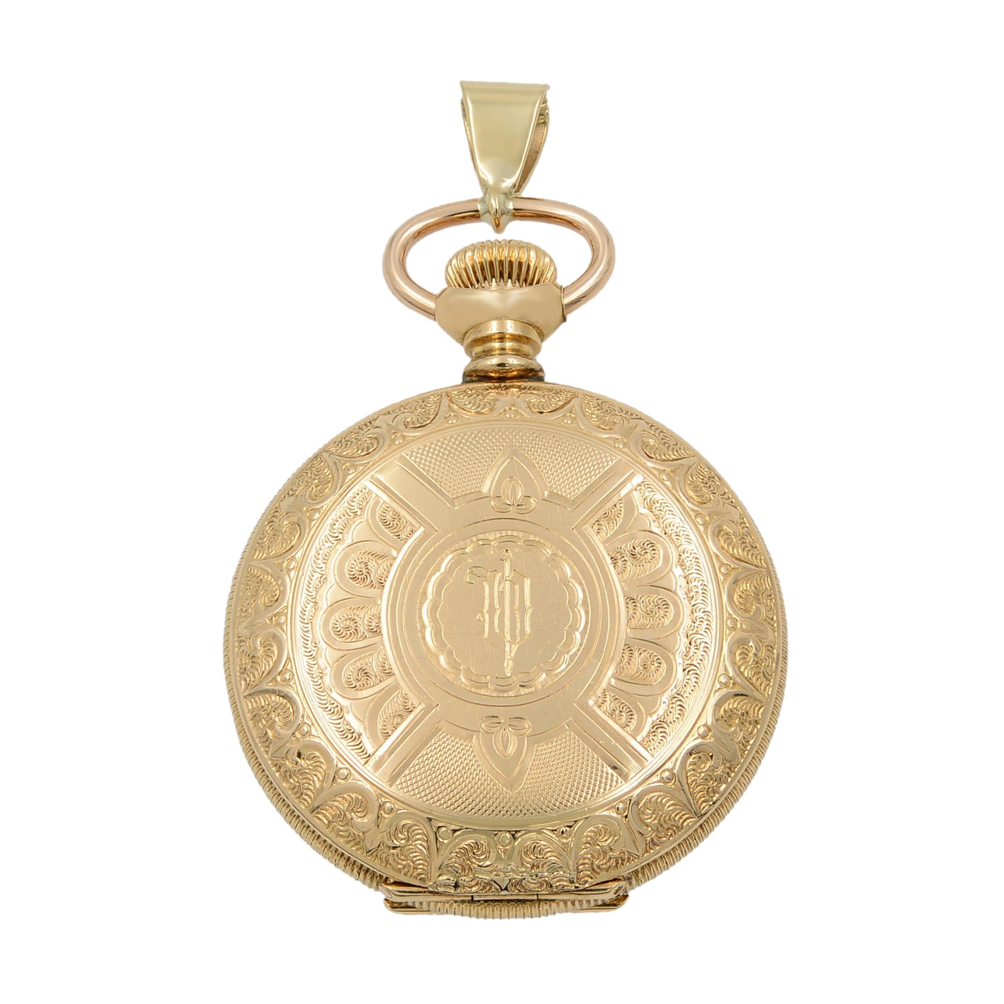 Hampden 10K Gold Filled White Enamel Roman Dial Manual Wind Pocket Watch In Excellent Condition In New York, NY