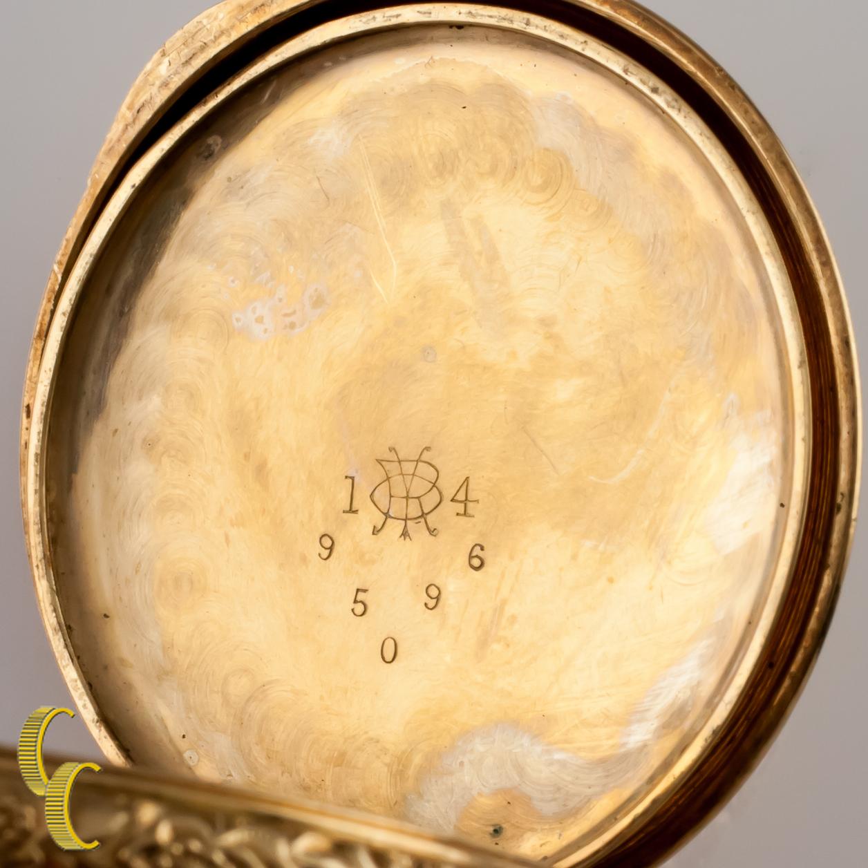Hampden 14 Karat Gold Antique Pocket Watch Gr 206 11 Jewel Full Hunter, 1889 In Fair Condition In Sherman Oaks, CA