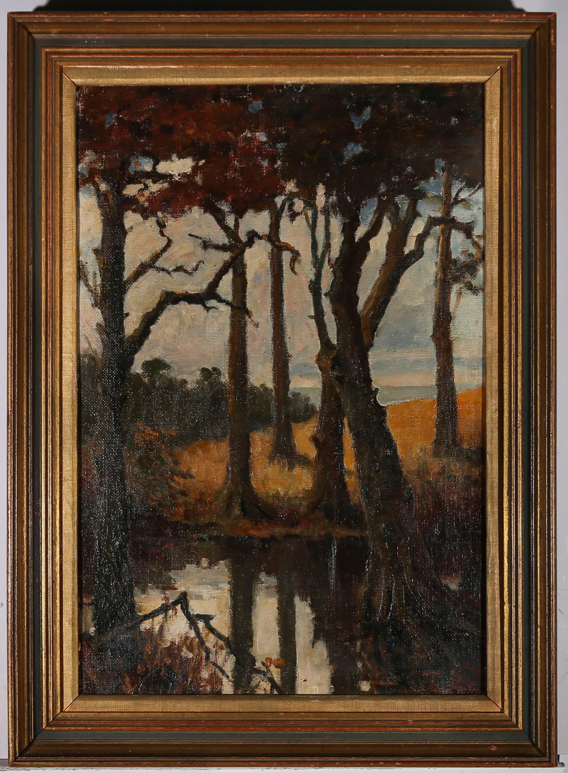 Hampden Alfred Minton (1854-1934) - Olio del 1929, Alberi sul bordo del fiume 1