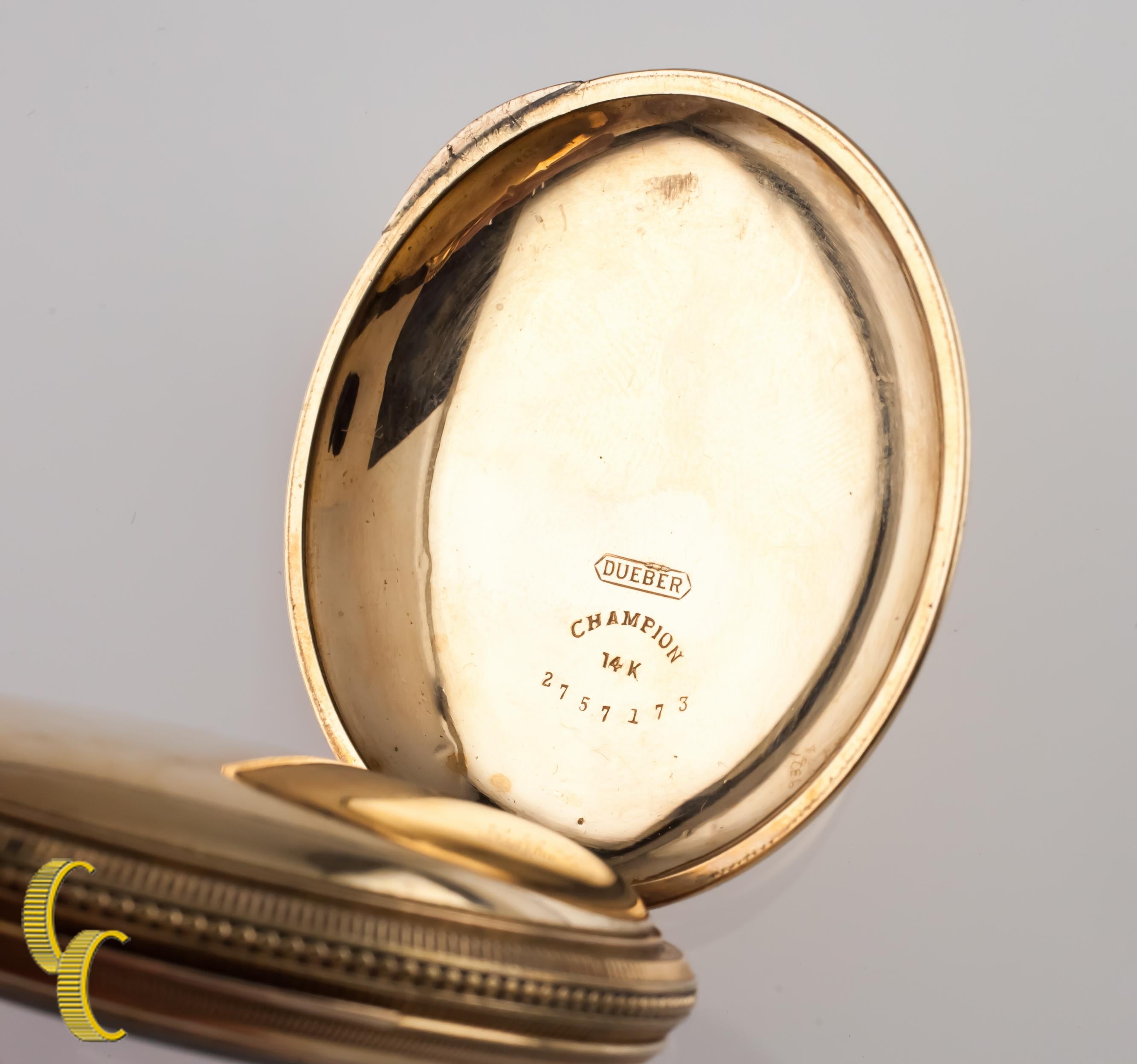 Hampden Dueber Montre de poche ancienne à cadran ouvert en or jaune 14 carats avec 17 rubis en vente 1