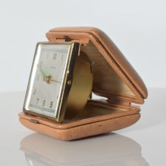 Hampden German Travel Alarm Clock Vintage Tan Leather Case 1950s Germany