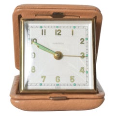 Hampden German Travel Alarm Clock Vintage Tan Leather Case 1950s Germany