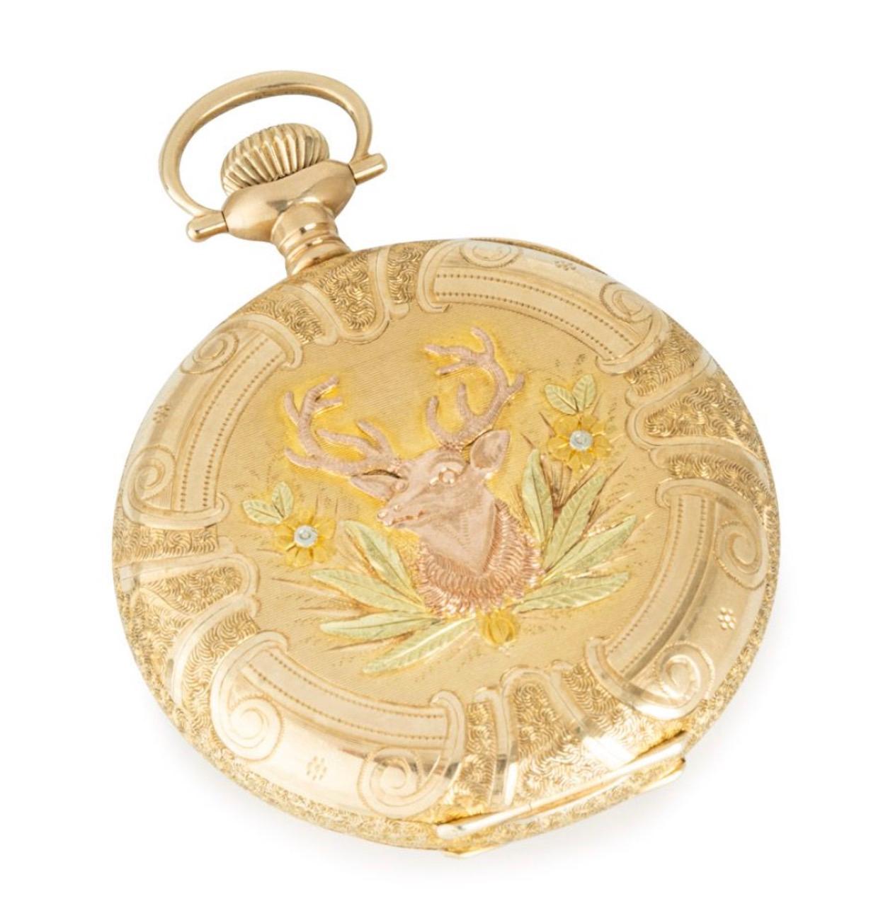 Hampden Watch Company Multi Colored Gold Keyless Lever Full Hunter Pocket Watch In Good Condition For Sale In London, GB