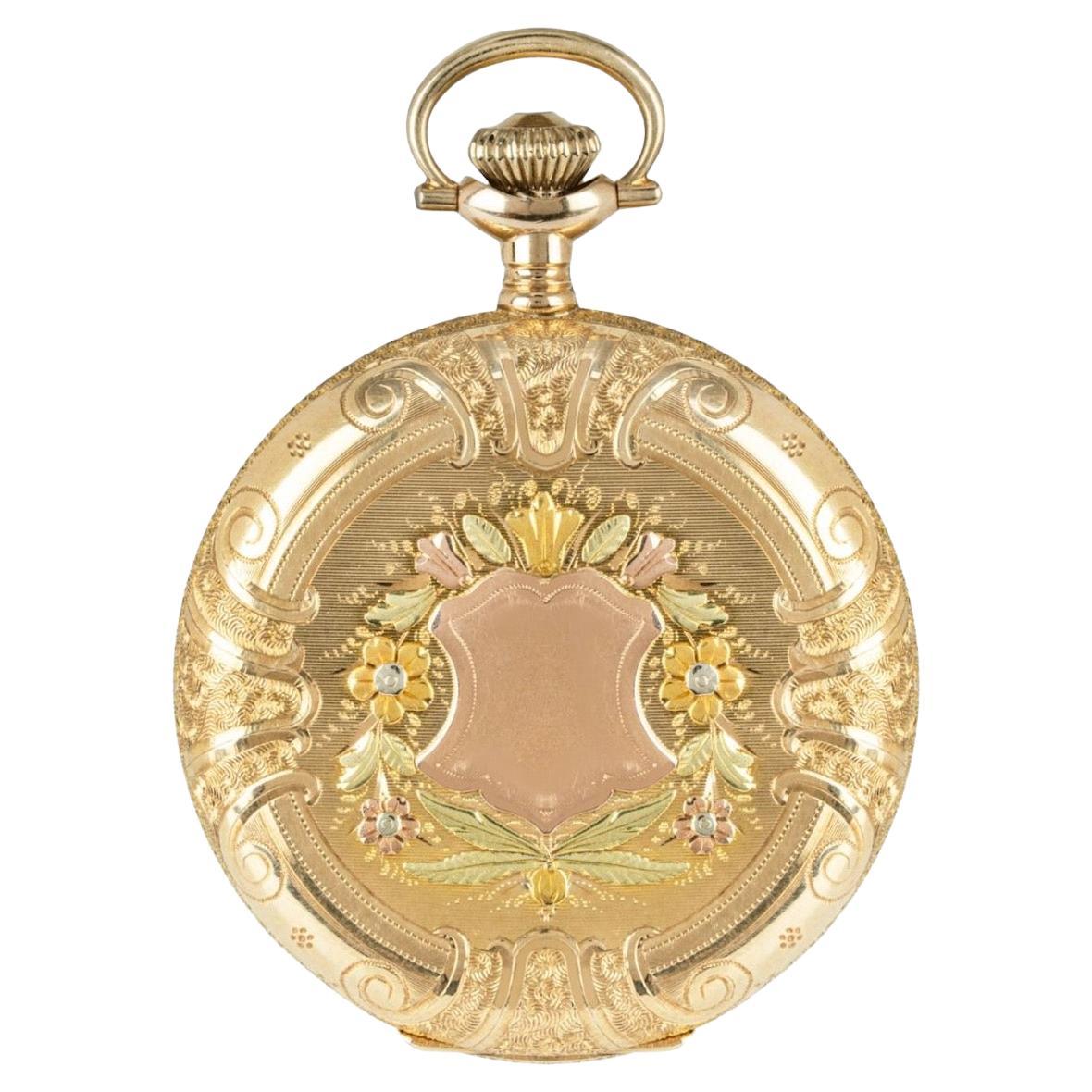 Hampden Watch Company Multi Colored Gold Keyless Lever Full Hunter Pocket Watch For Sale