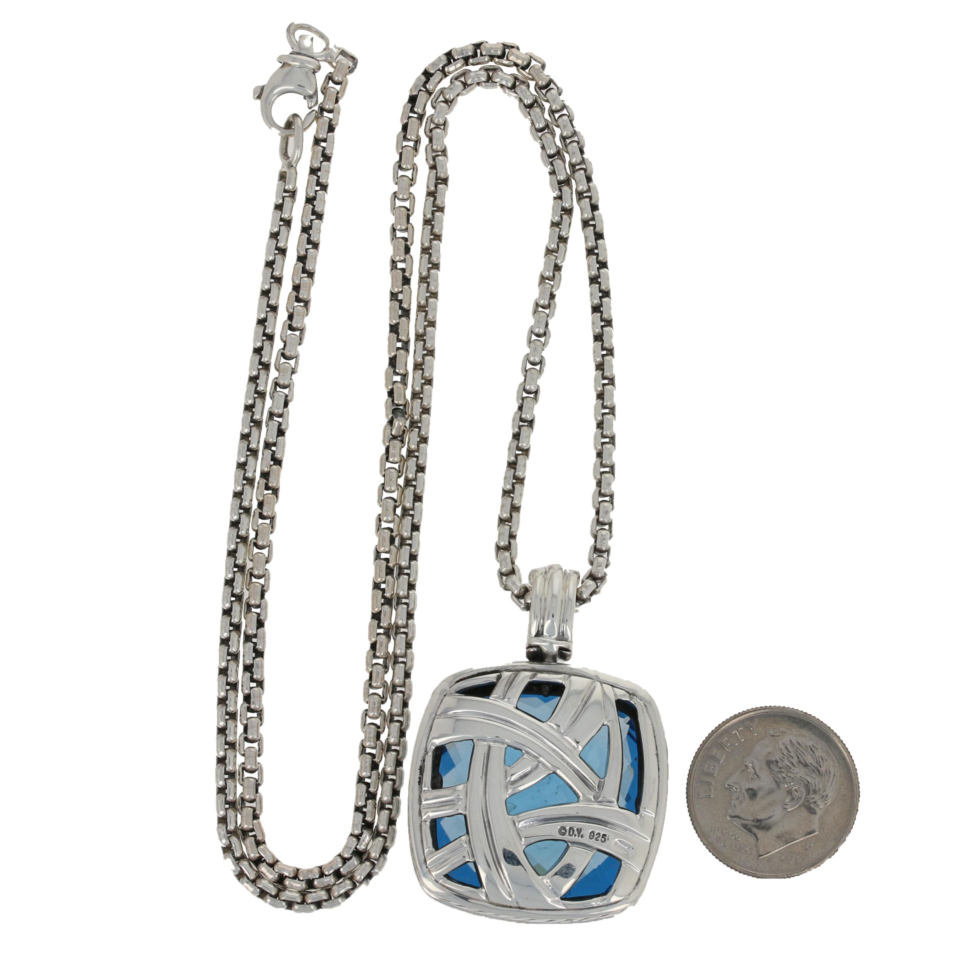 Round Cut Hampton Blue Topaz and Diamond David Yurman Enhancer Pendant Necklace Sterling