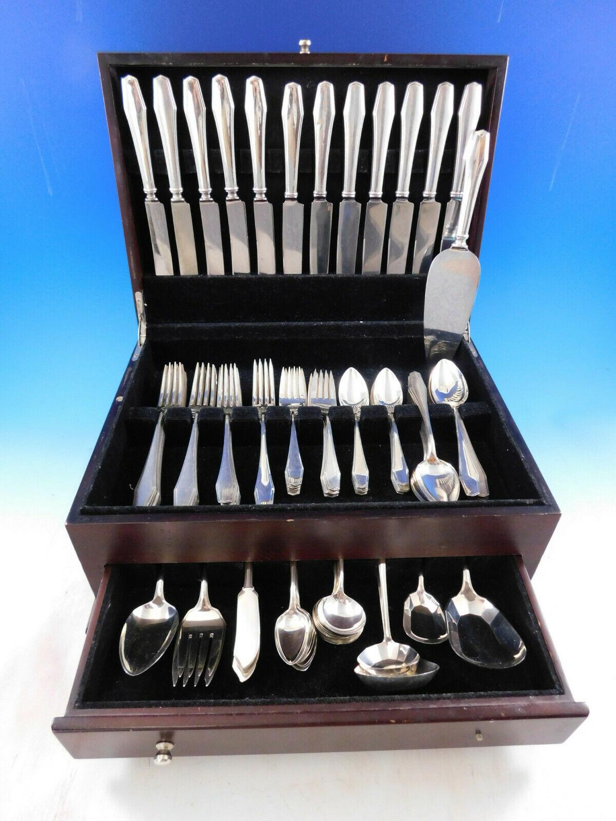 Large dinner size Hampton by Alvin circa 1910 sterling silver flatware set, 116 pieces. This set includes:

12 dinner knives, 9 3/4