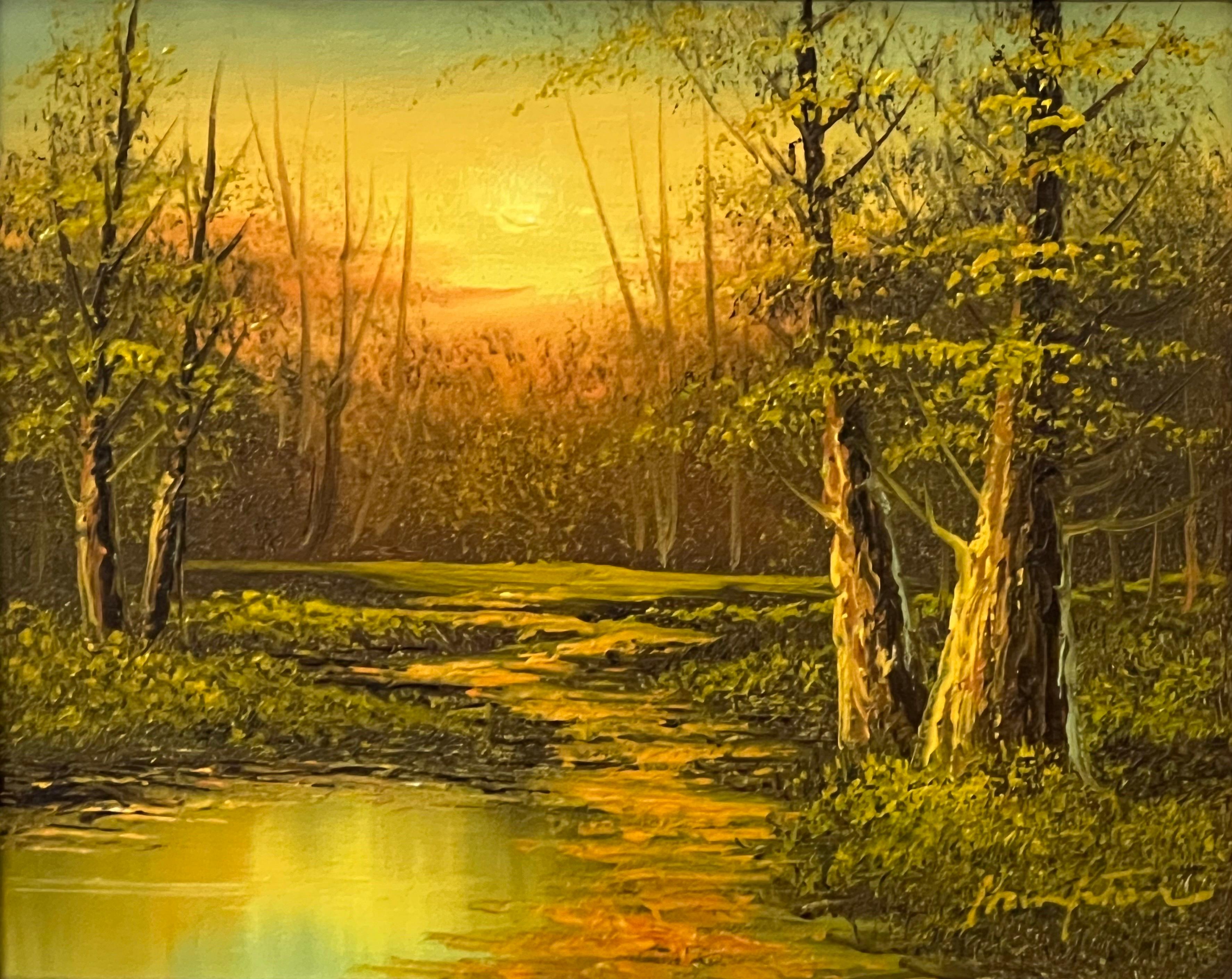 Vintage Ölgemälde von River Sunset in den Wäldern der englischen Landschaft – Painting von Hampton