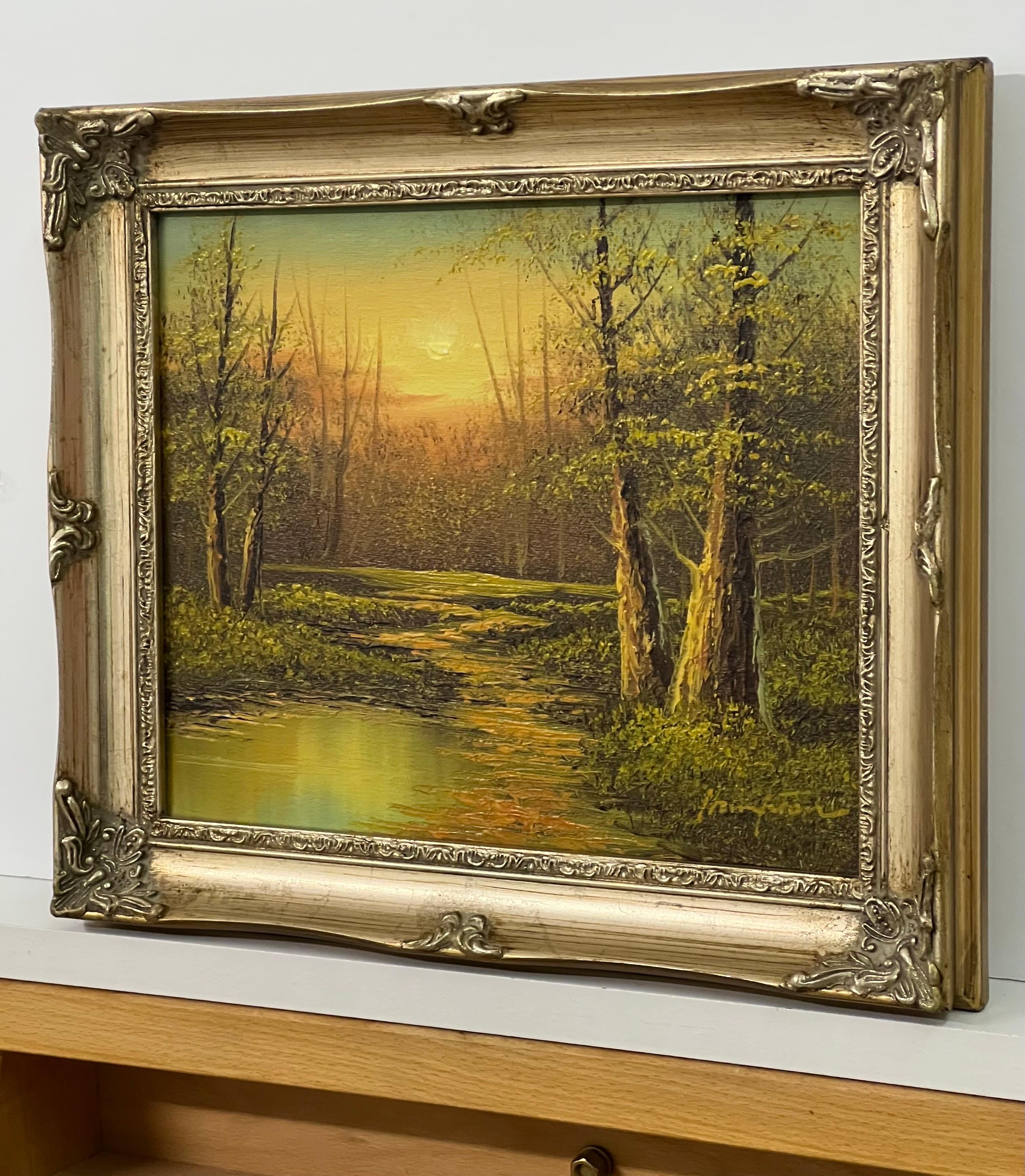 Vintage Oil Painting of River Sunset in the Woods of the English Countryside For Sale 2