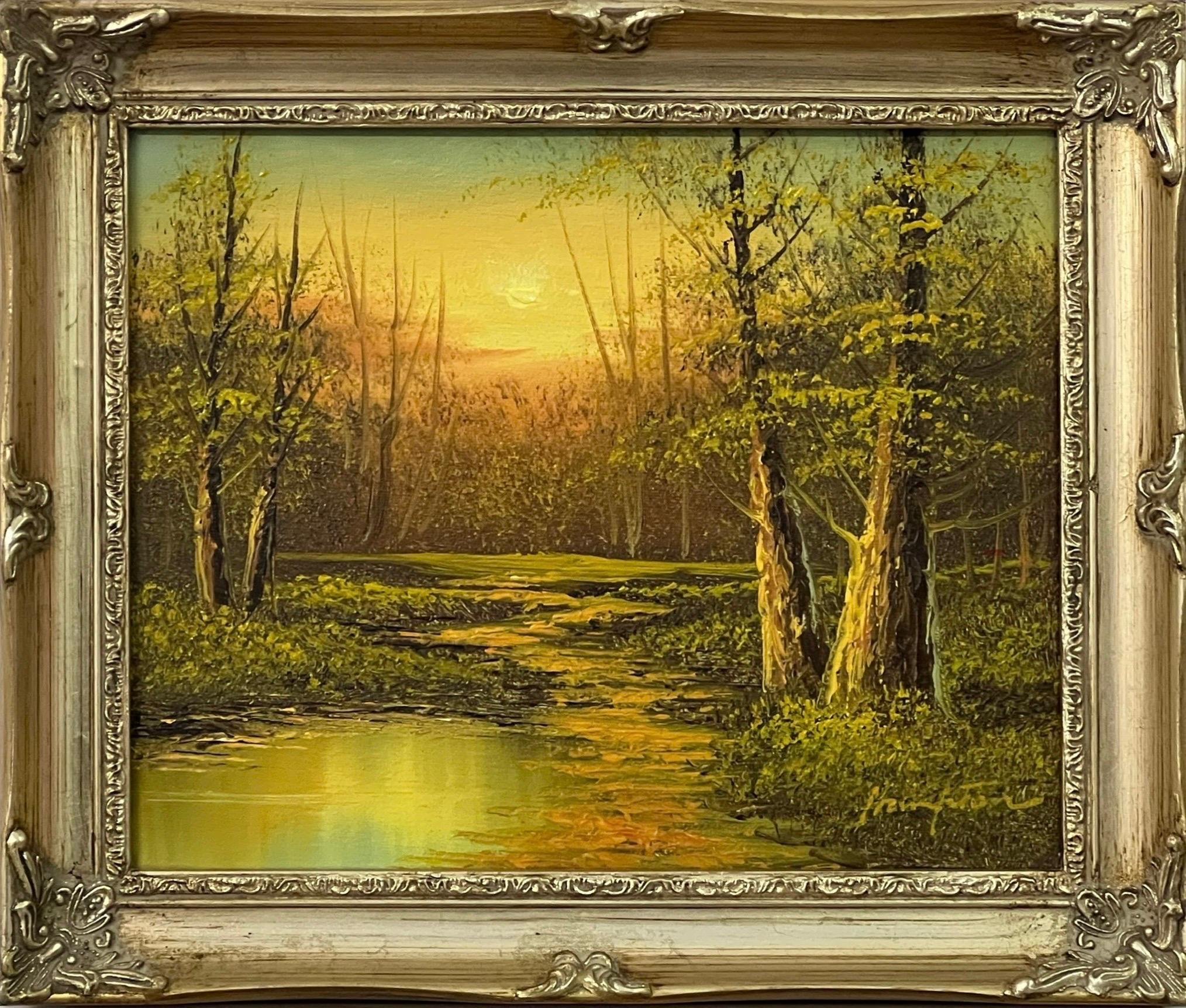Hampton Figurative Painting – Vintage Ölgemälde von River Sunset in den Wäldern der englischen Landschaft