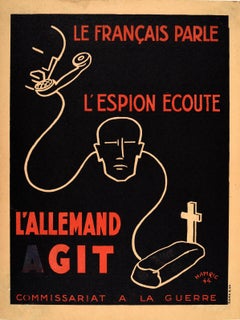Poster originale d'epoca della Seconda Guerra Mondiale Il francese parla La spia ascolta Il tedesco agisce