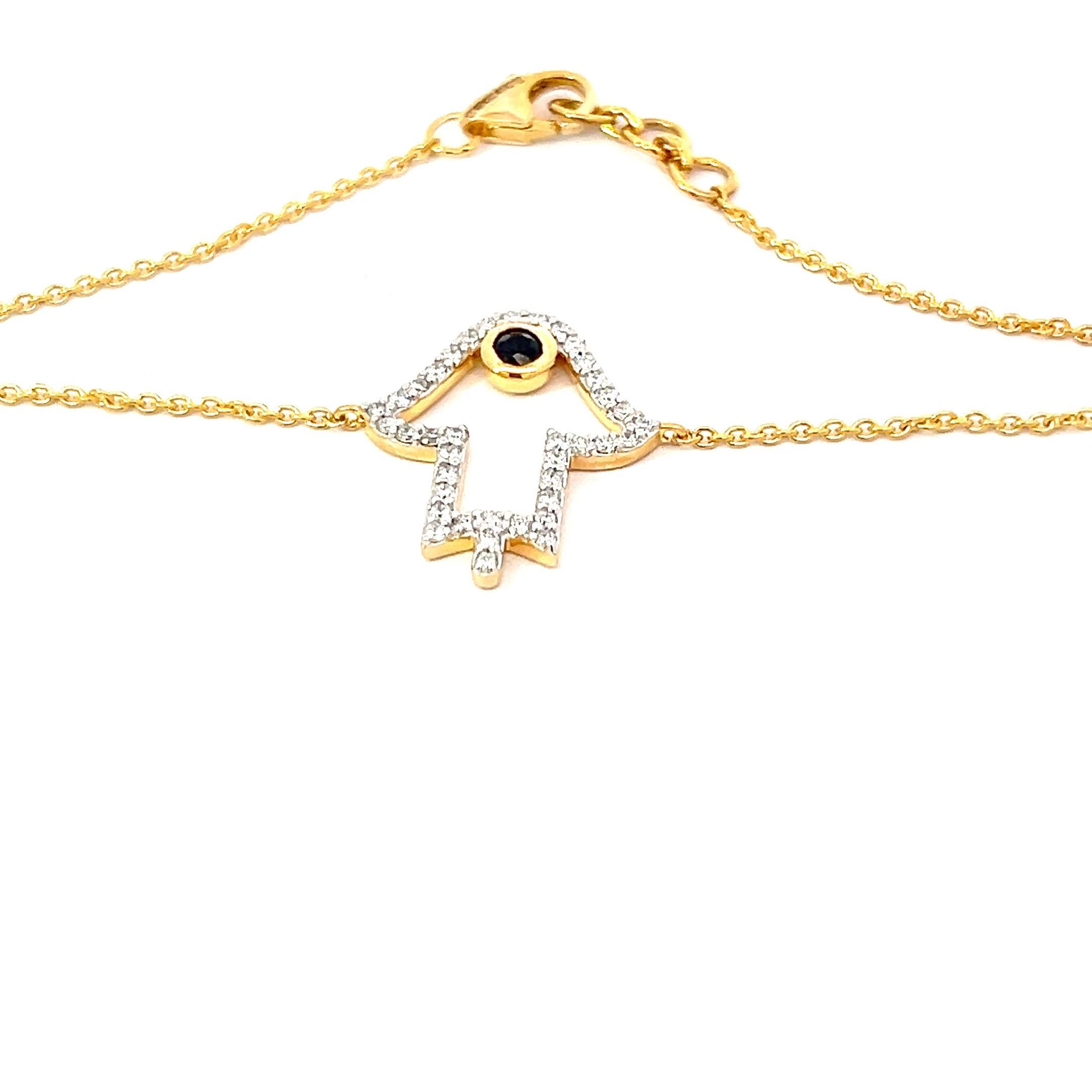 This luxurious Diamond Khamsa bracelet shimmers stunningly when it catches the light, featuring over 0.25ct Round Brilliant cut white diamonds colour G to H clarity VS-SI, with a sapphire centre gem weighting 0.10-0.15 carat. This bracelet